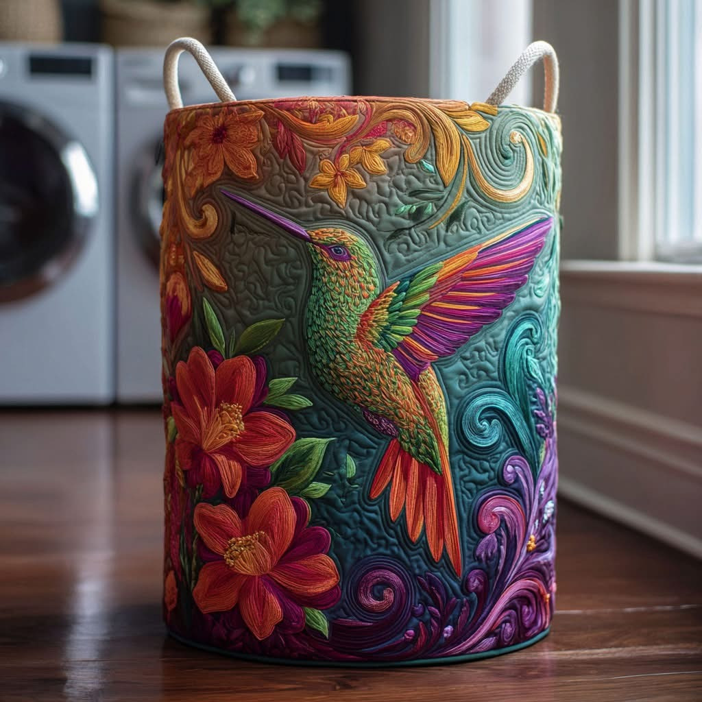 Hummingbird Glow Quilted Laundry Basket Colorful Clothes Basket Present For Hummingbird Lovers - Tradiviet