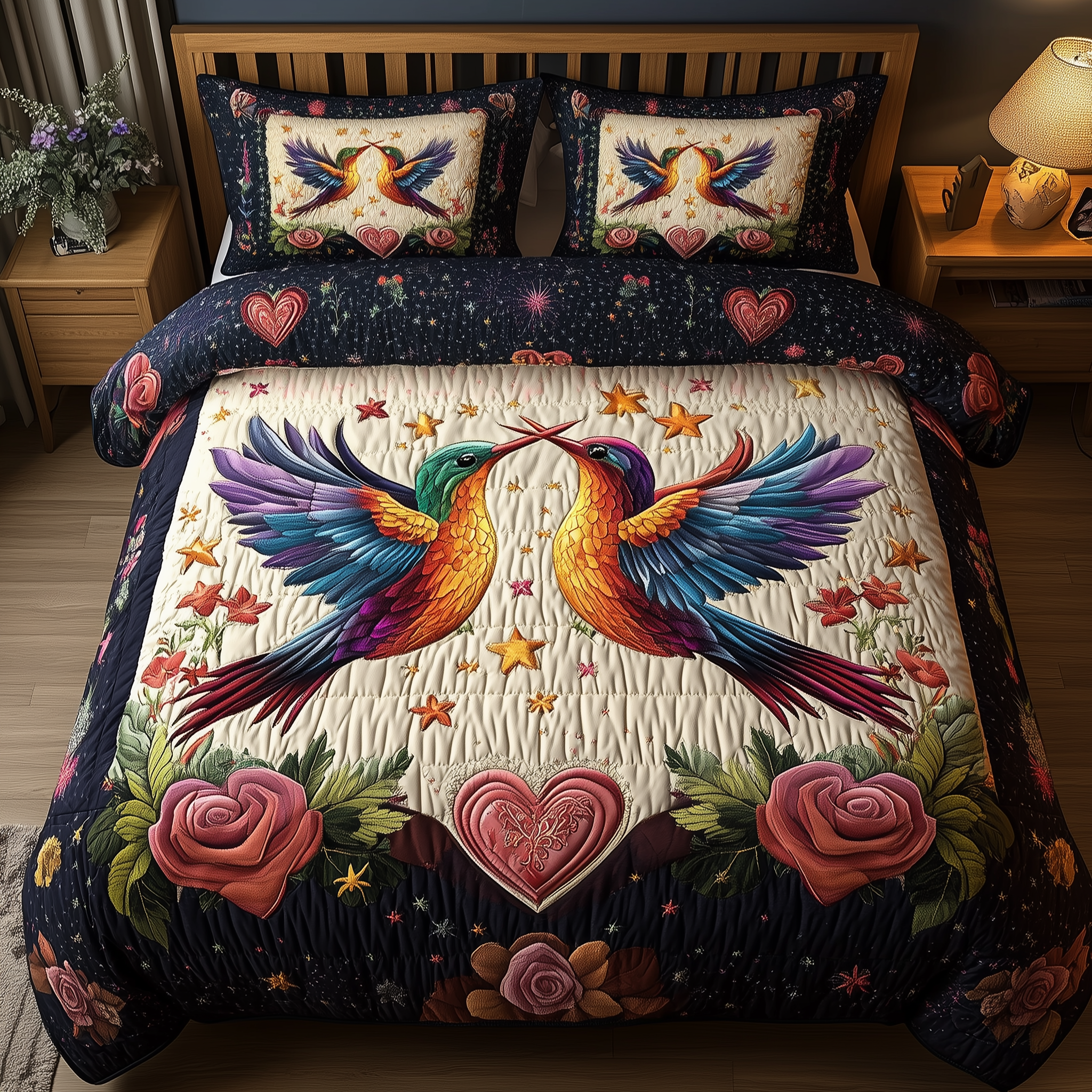 Hummingbird Heartstrings Quilted Bedding Set Hummingbird Heartstrings Theme Gift For Her - Tradiviet