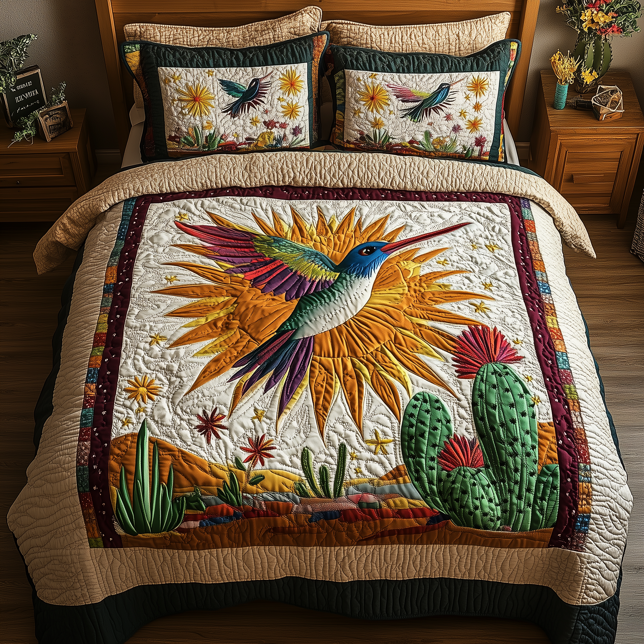 Hummingbird Oasis Sky Quilted Bedding Set Hummingbird Oasis Pattern Gift For Bird Watchers - Tradiviet