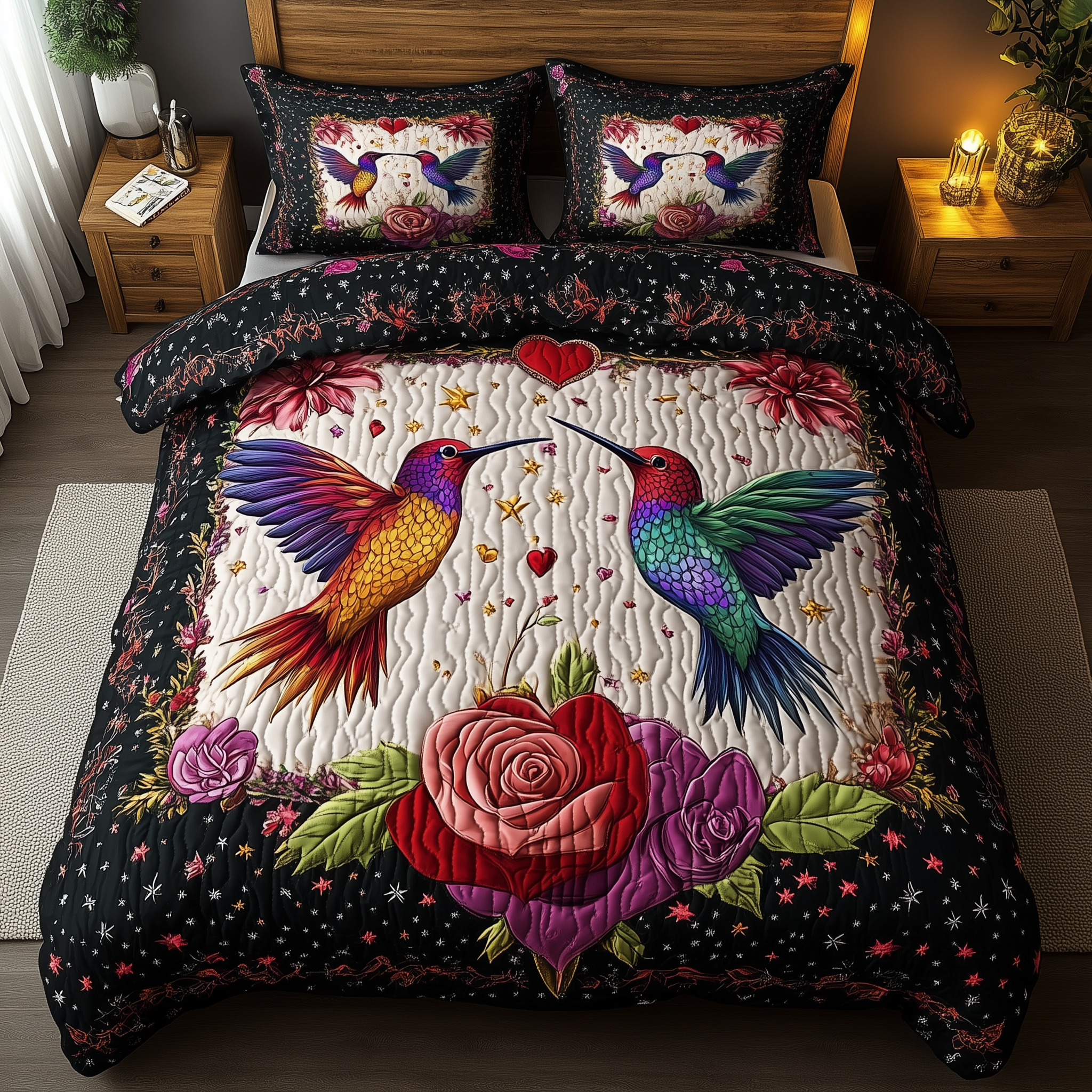 Hummingbird Rose Serenade Quilted Bedding Set Hummingbird Rose Story Great Bird Lover Finds - Tradiviet