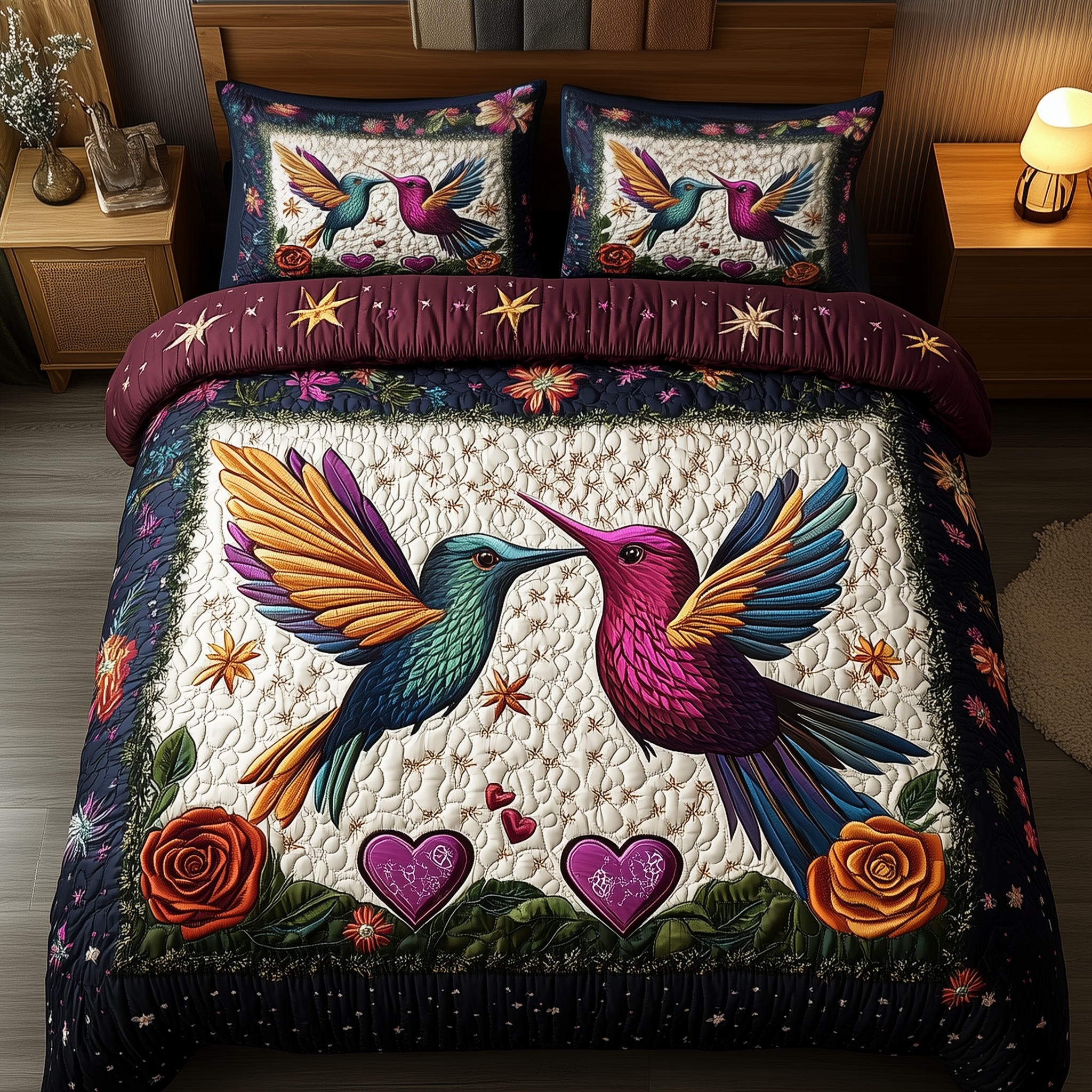 Hummingbird Rose Symphony Quilted Bedding Set Hummingbird Rose Style Top Bird Lover Gifts - Tradiviet