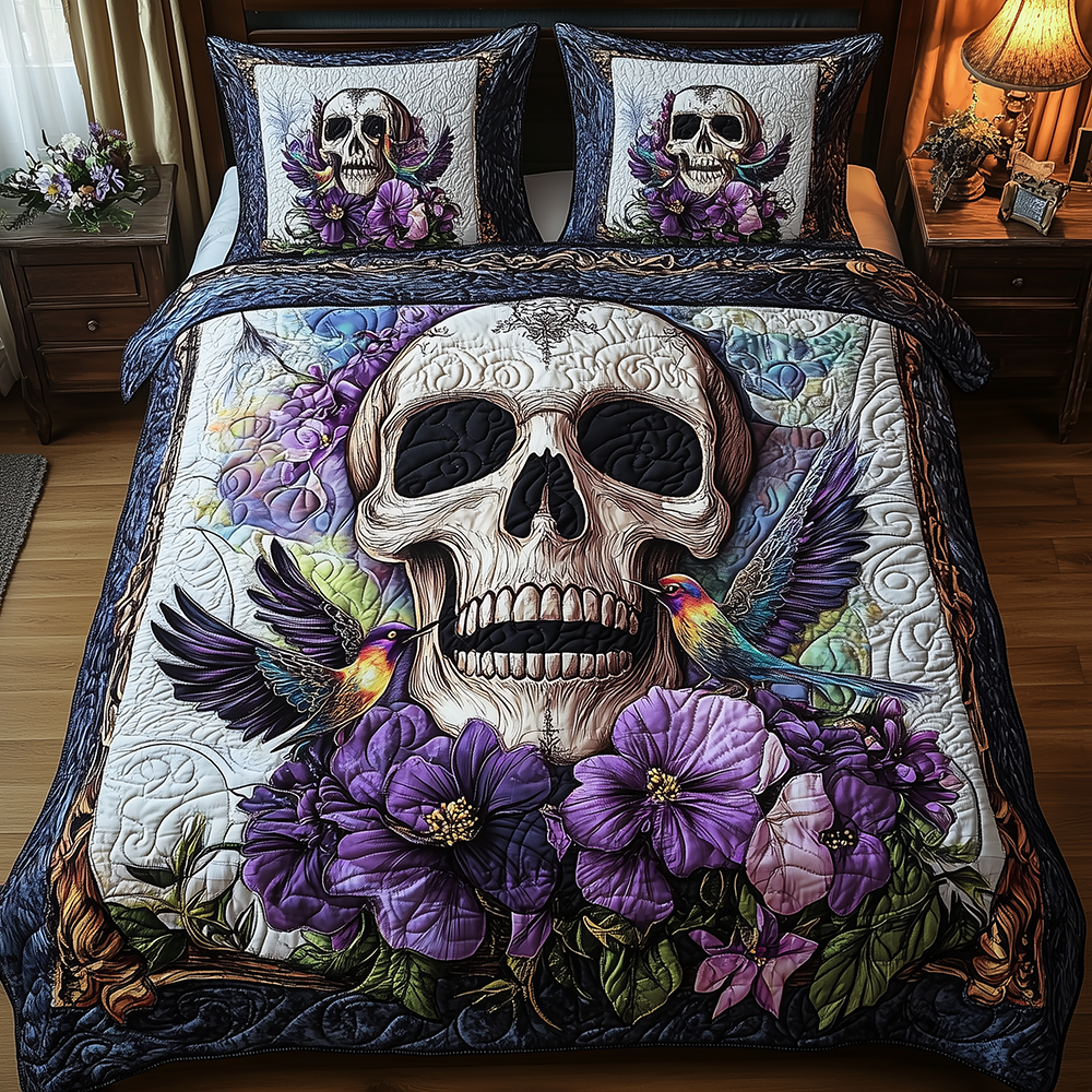 Hummingbird Skull Quilted Bedding Set Hummingbird Skull Beauty Gifts For Bird Fans - Tradiviet