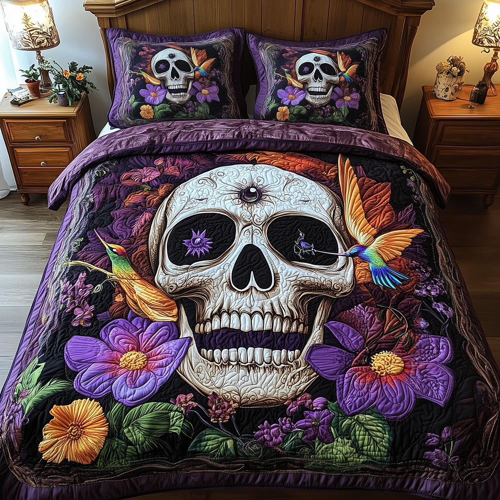 Hummingbird Skull Quilted Bedding Set Hummingbird Skull Escape Bird Fan Gift Ideas - Tradiviet