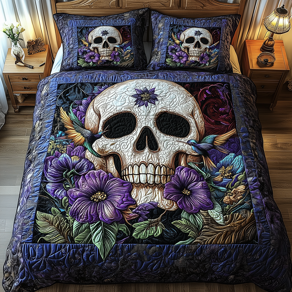 Hummingbird Skull Quilted Bedding Set Hummingbird Skull Expression Gift For Bird Fan - Tradiviet