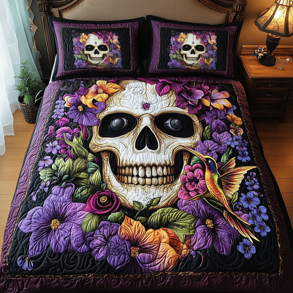 Hummingbird Skull Quilted Bedding Set Hummingbird Skull Patch Gifts For Bird Watchers - Tradiviet