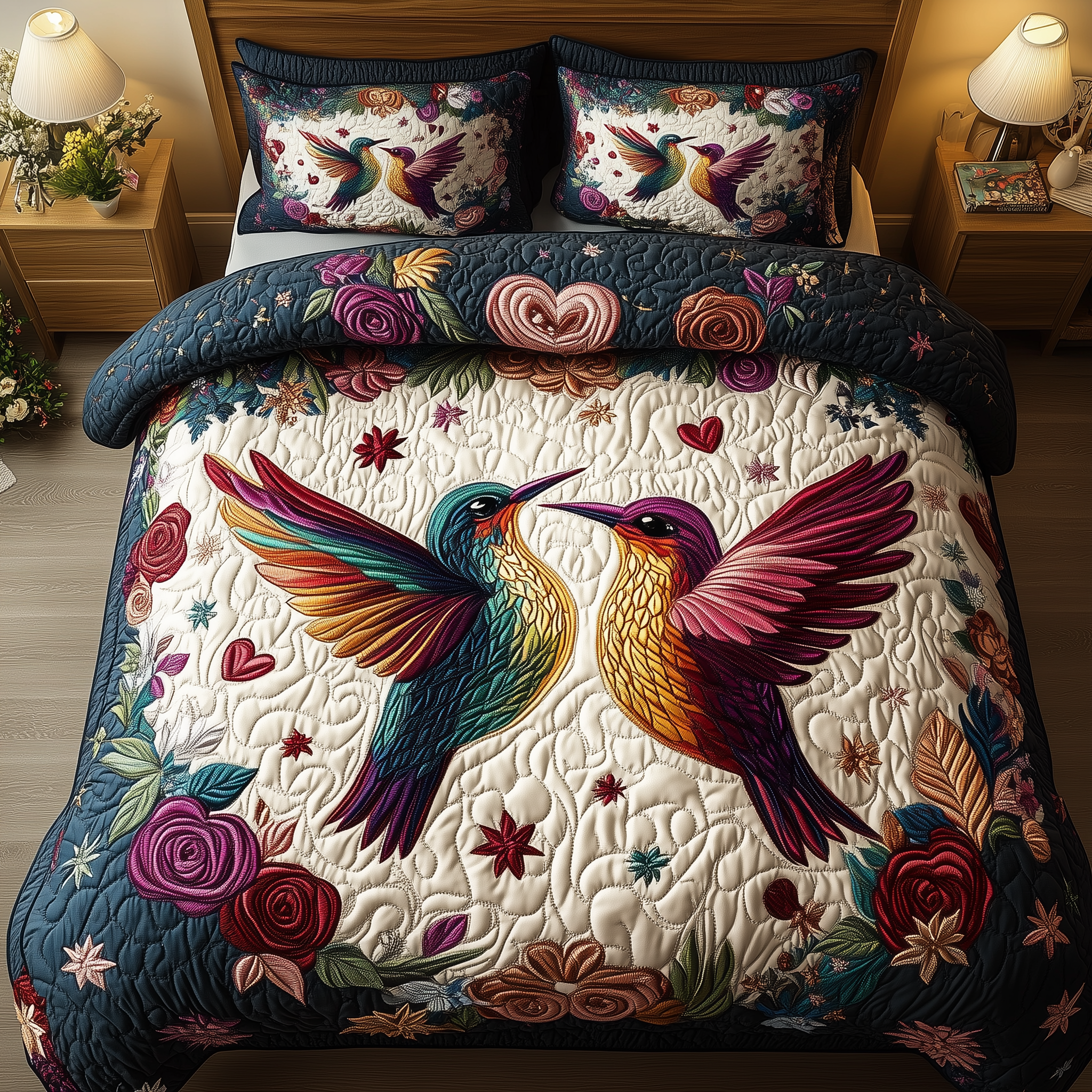 Hummingbird Valentine Dance Quilted Bedding Set Hummingbird Valentine Charm Gift For Fan - Tradiviet