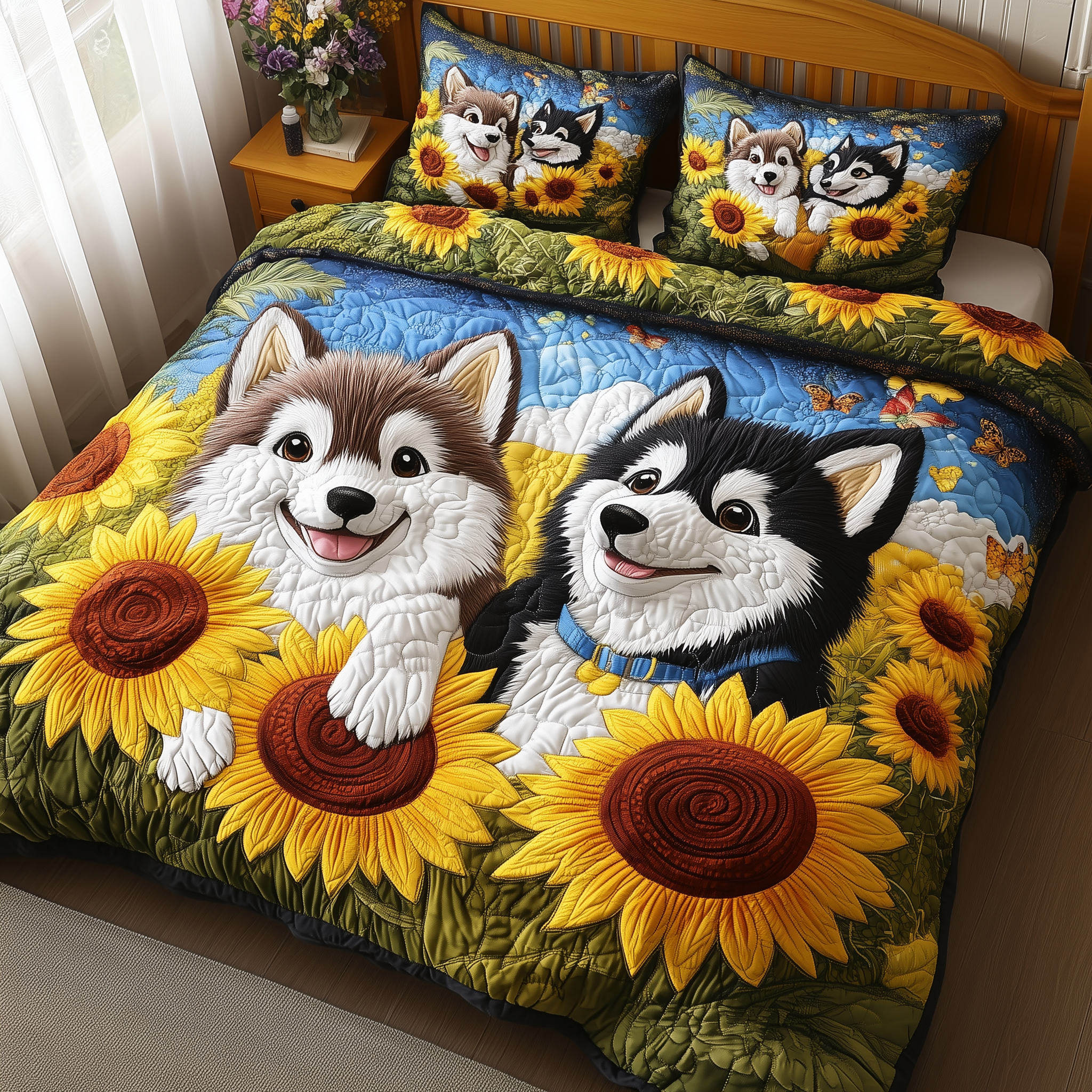 Husky Bloom Haven Quilted Bedding Set Husky Bloom Sanctuary Gift For Husky Bloom - Tradiviet