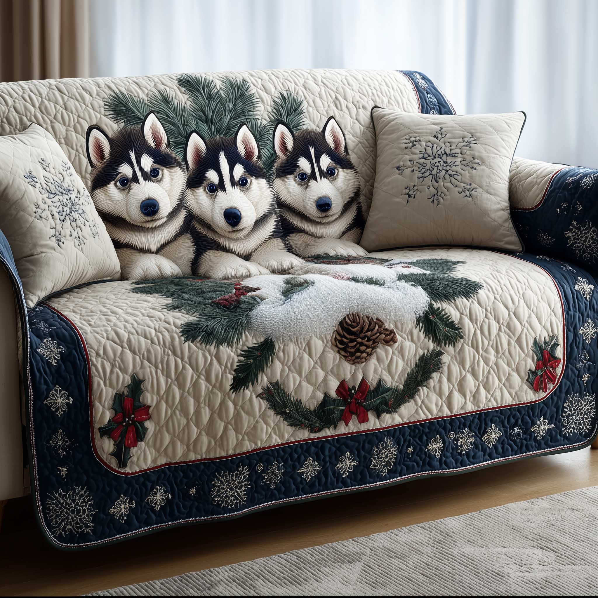 Husky Pinecone Holiday Quilted Sofa Cover Seasonal Room Decor Gift For House Lover - Tradiviet