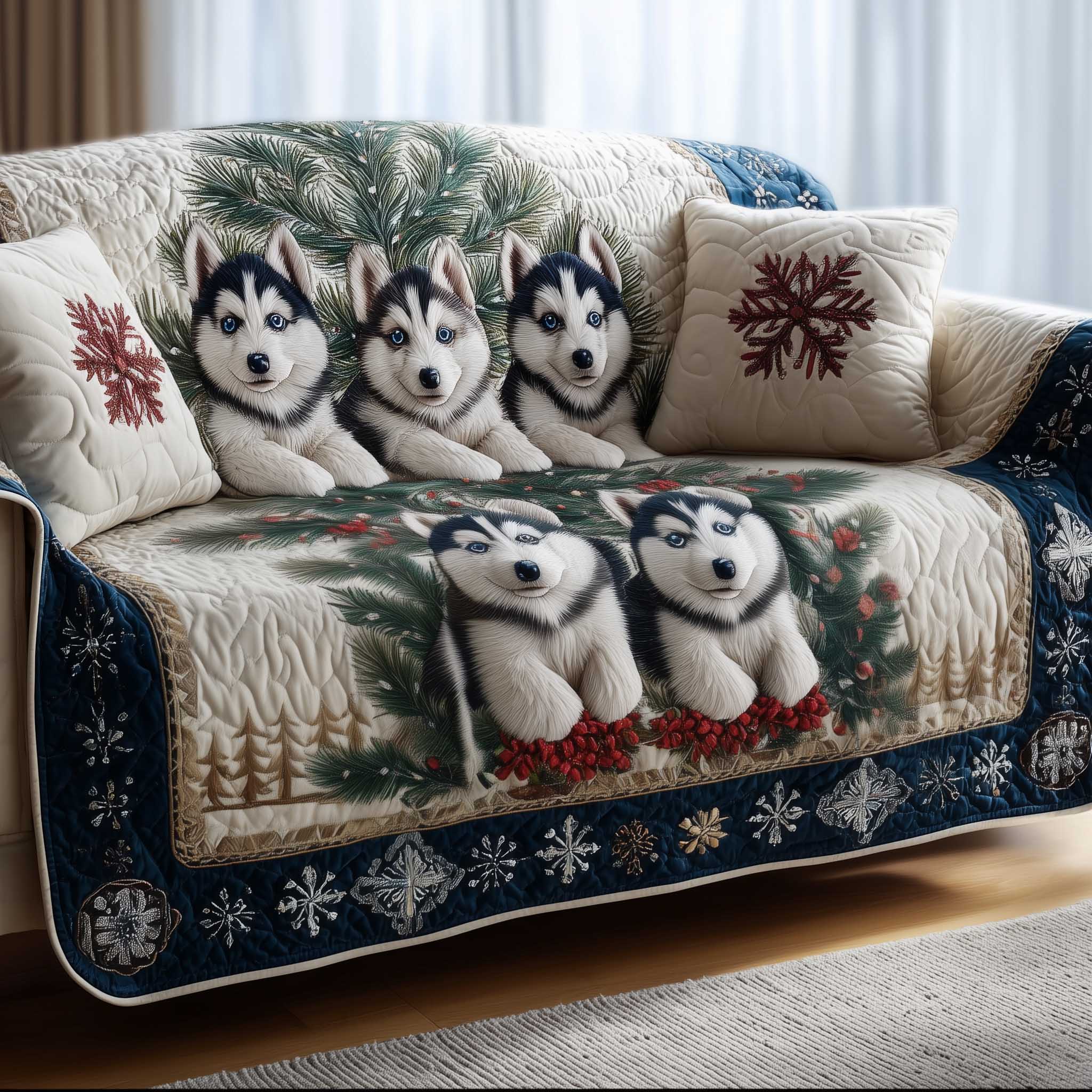 Husky Winter Forest Quilted Sofa Cover Holiday Room Decor Gifts For House Lovers - Tradiviet