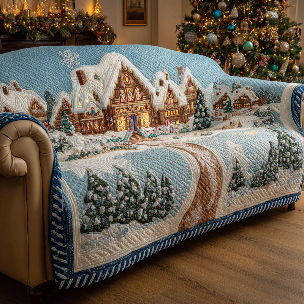 Icy Christmas Village Quilted Sofa Cover Holiday Living Christmas Decor Best Christmas Gifts For Mom - Tradiviet