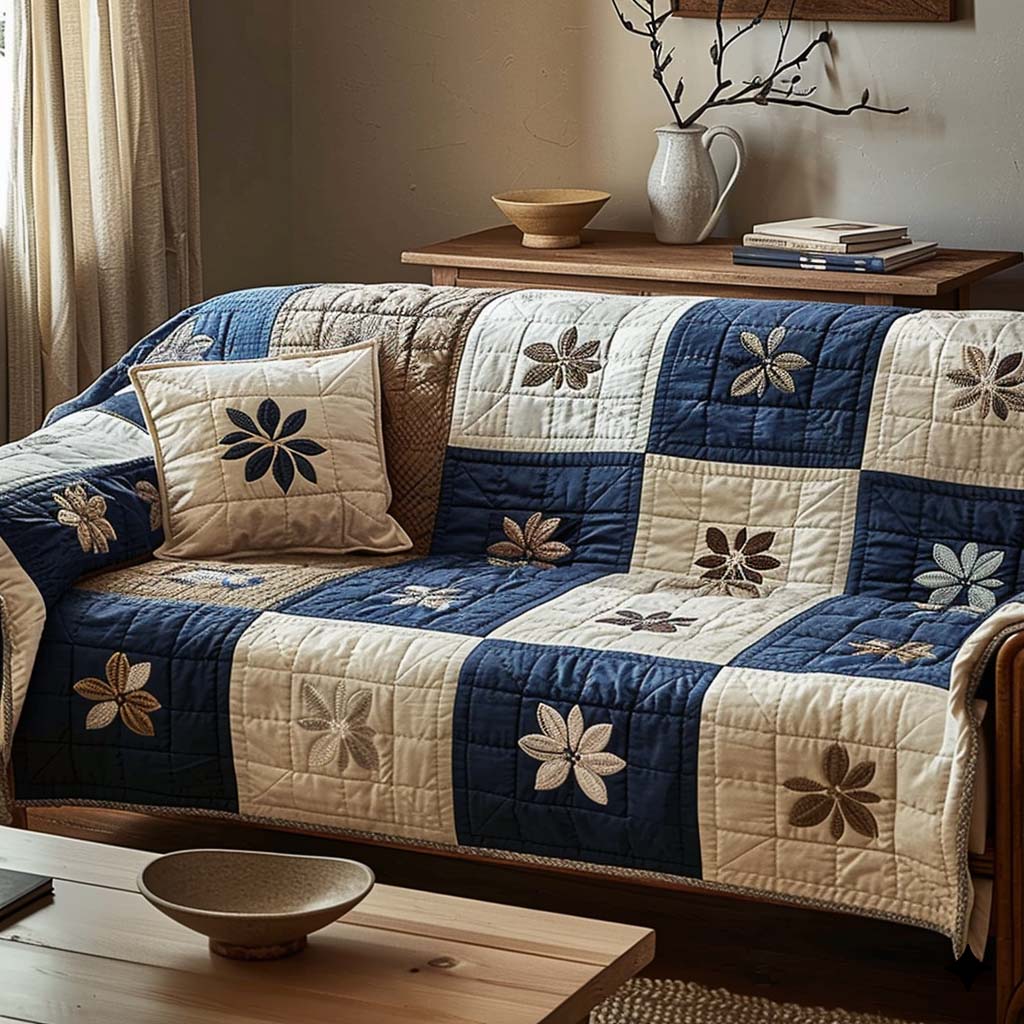 Indigo Floral Quilted Sofa Cover Shelf Room Decor Gift For New Home - Tradiviet