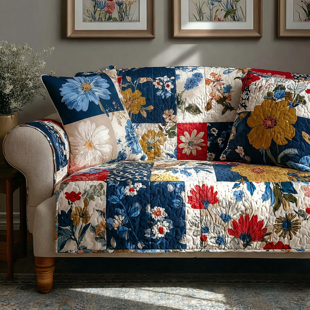 Indigo Garden Quilted Sofa Cover Classic Room Decor Home Decor Gift Ideas - Tradiviet