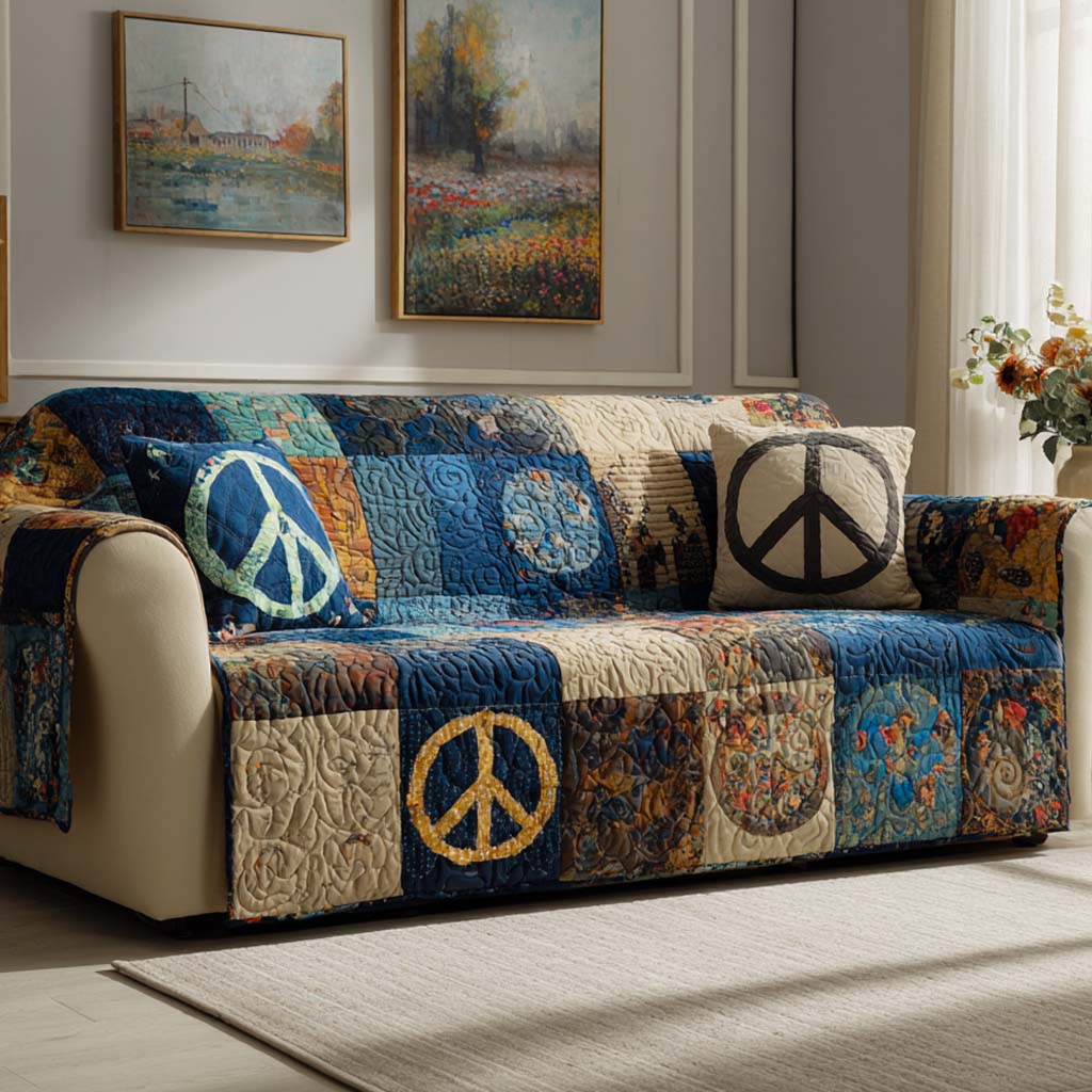 Indigo Peace Revival Quilted Sofa Cover Simple Room Decor Gift For Cozy Spaces - Tradiviet