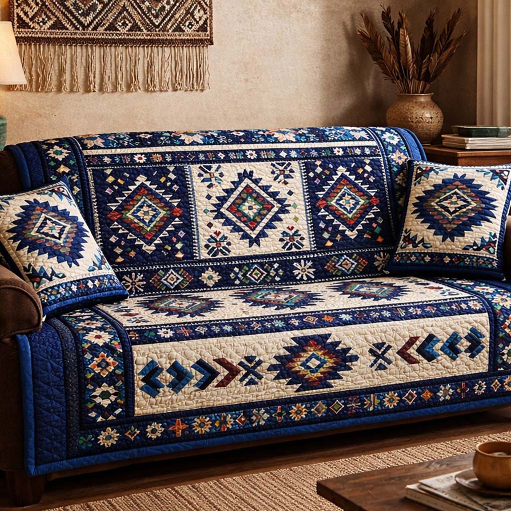 Indigo Tribal Harmony Quilted Sofa Cover Tribal Home Couch Cover House Lover Gift Ideas - Tradiviet