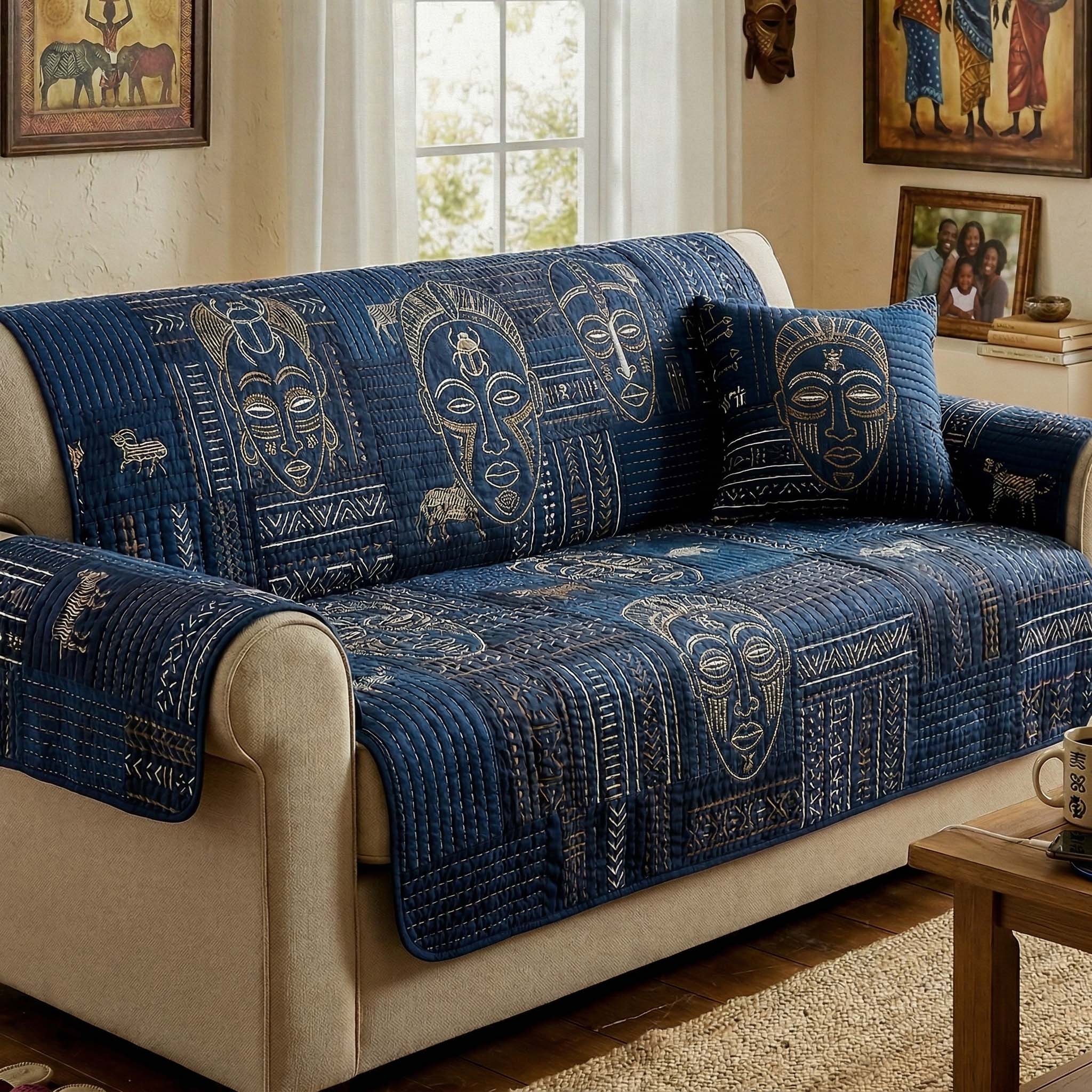 Indigo Tribal Quilted Sofa Cover Holiday Room Decor Interior Design Gift Ideas - Tradiviet