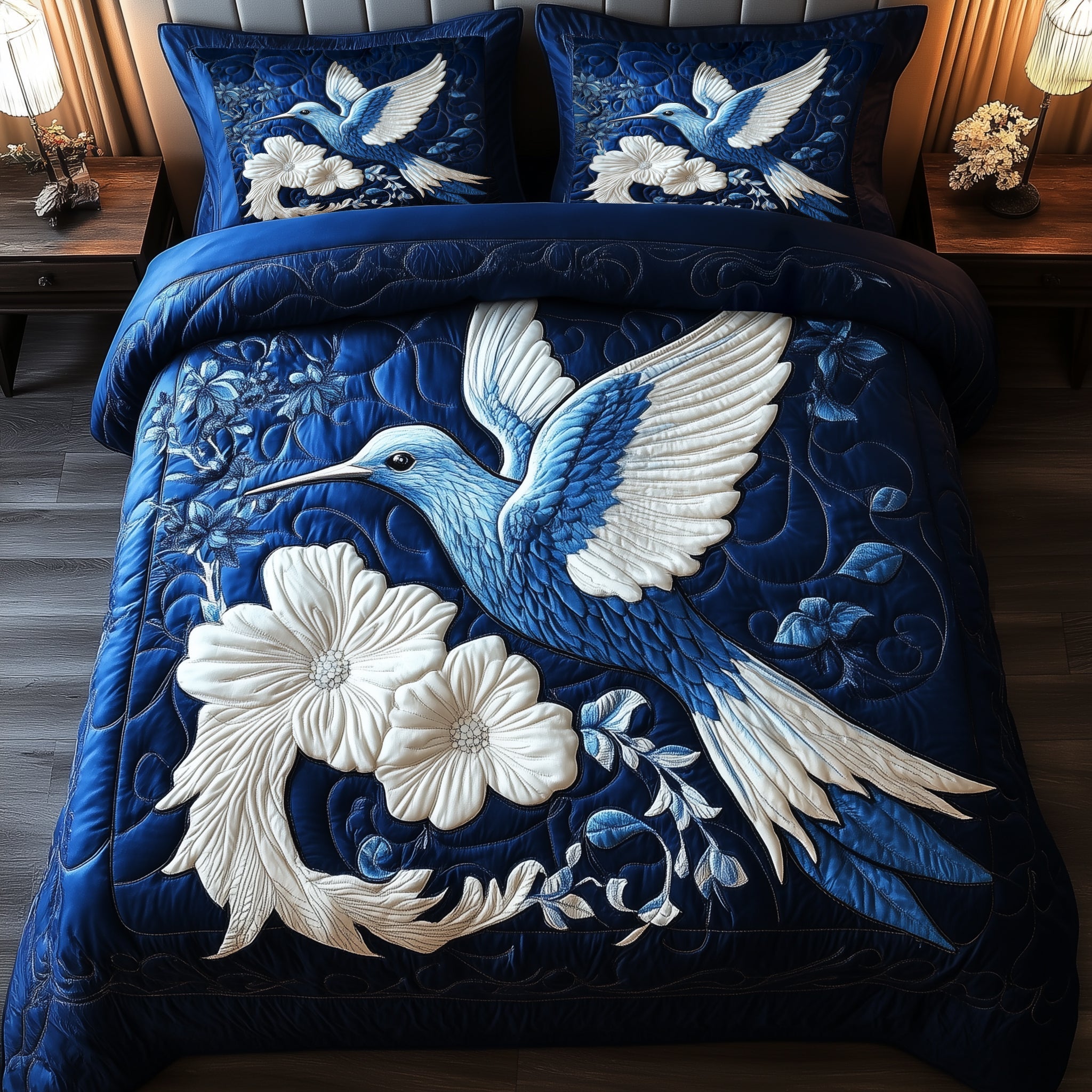 Indigo Whisper Hummingbird Quilted Bedding Set Indigo Whisper Backdrop Present For Bird Fans - Tradiviet