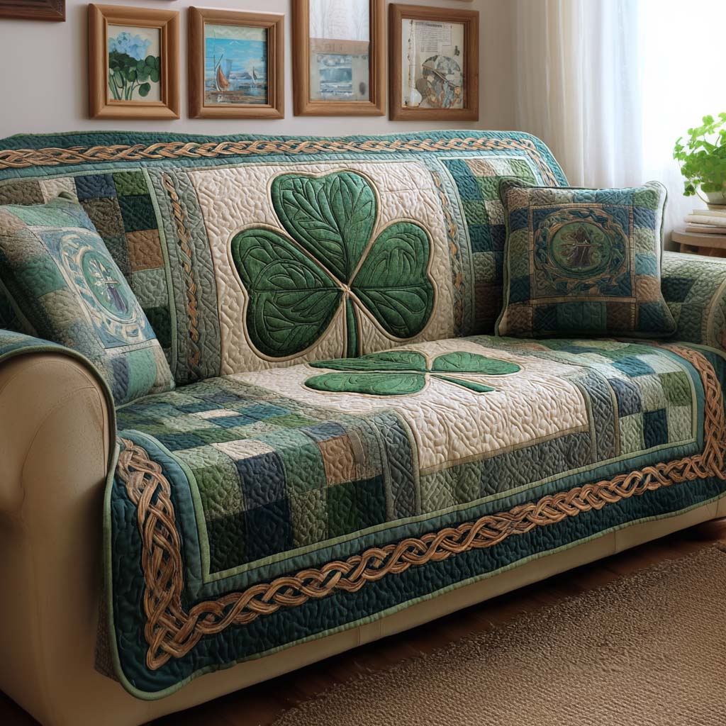 Irish Clover Quilted Sofa Cover Irish Home Couch Cover Bear Gifts For Mom - Tradiviet