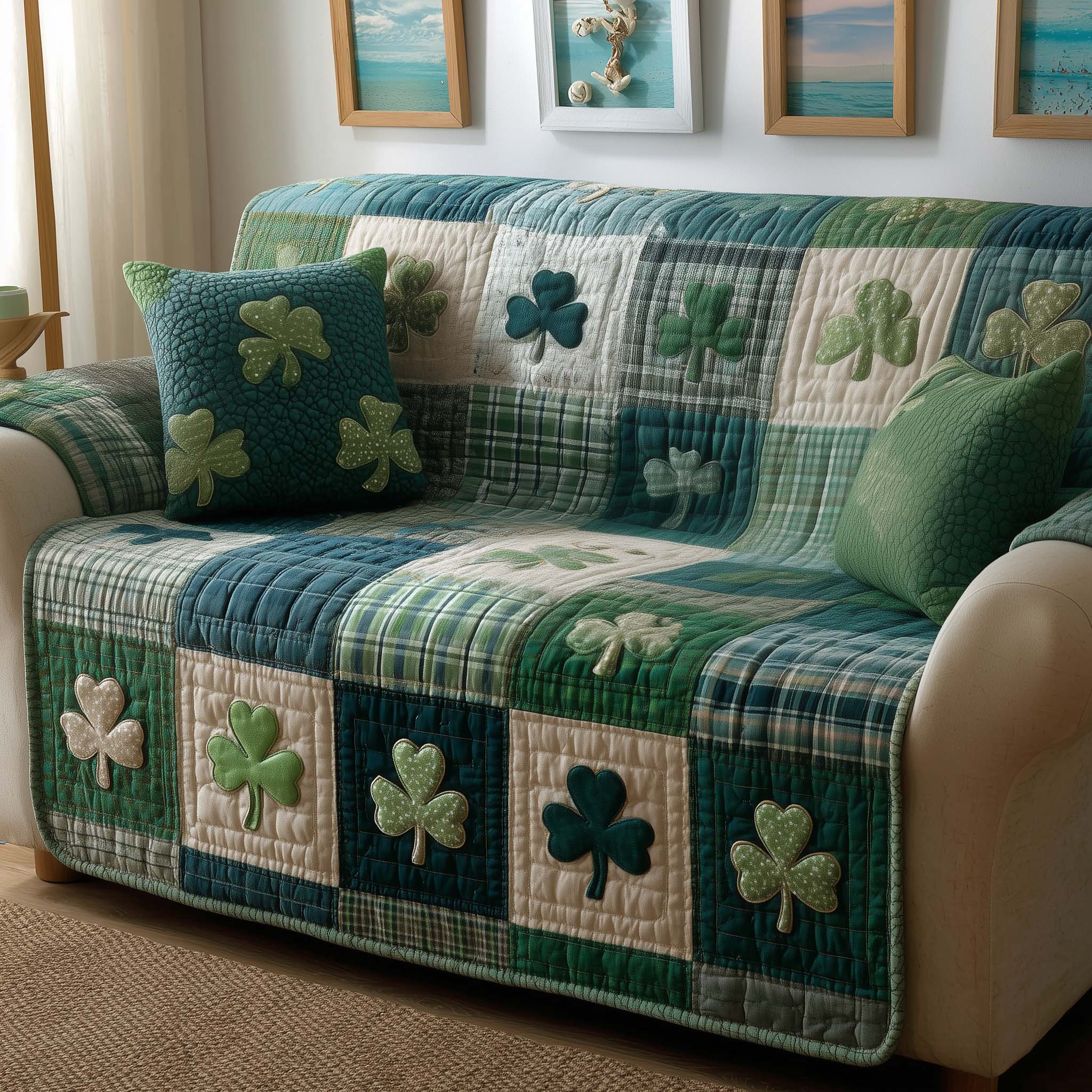 Irish Clover Quilted Sofa Cover Irish Home Couch Cover Best Home Decor Gifts - Tradiviet