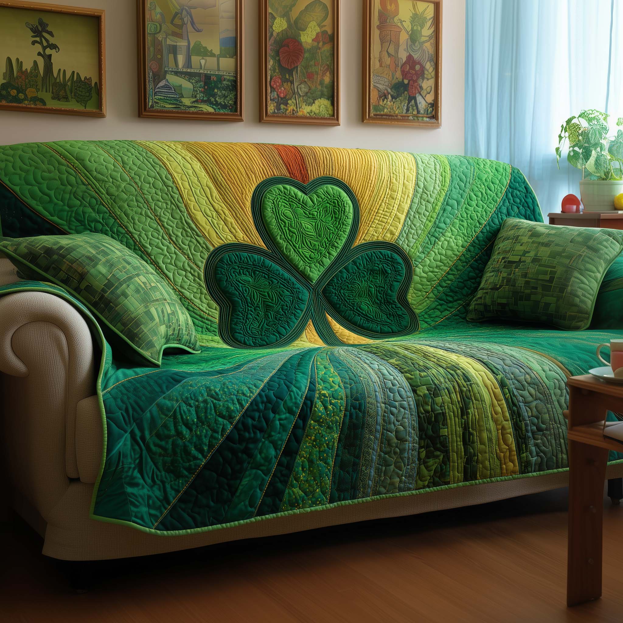 Irish Clover Quilted Sofa Cover Irish Home Couch Cover Home Decor Gift Ideas - Tradiviet