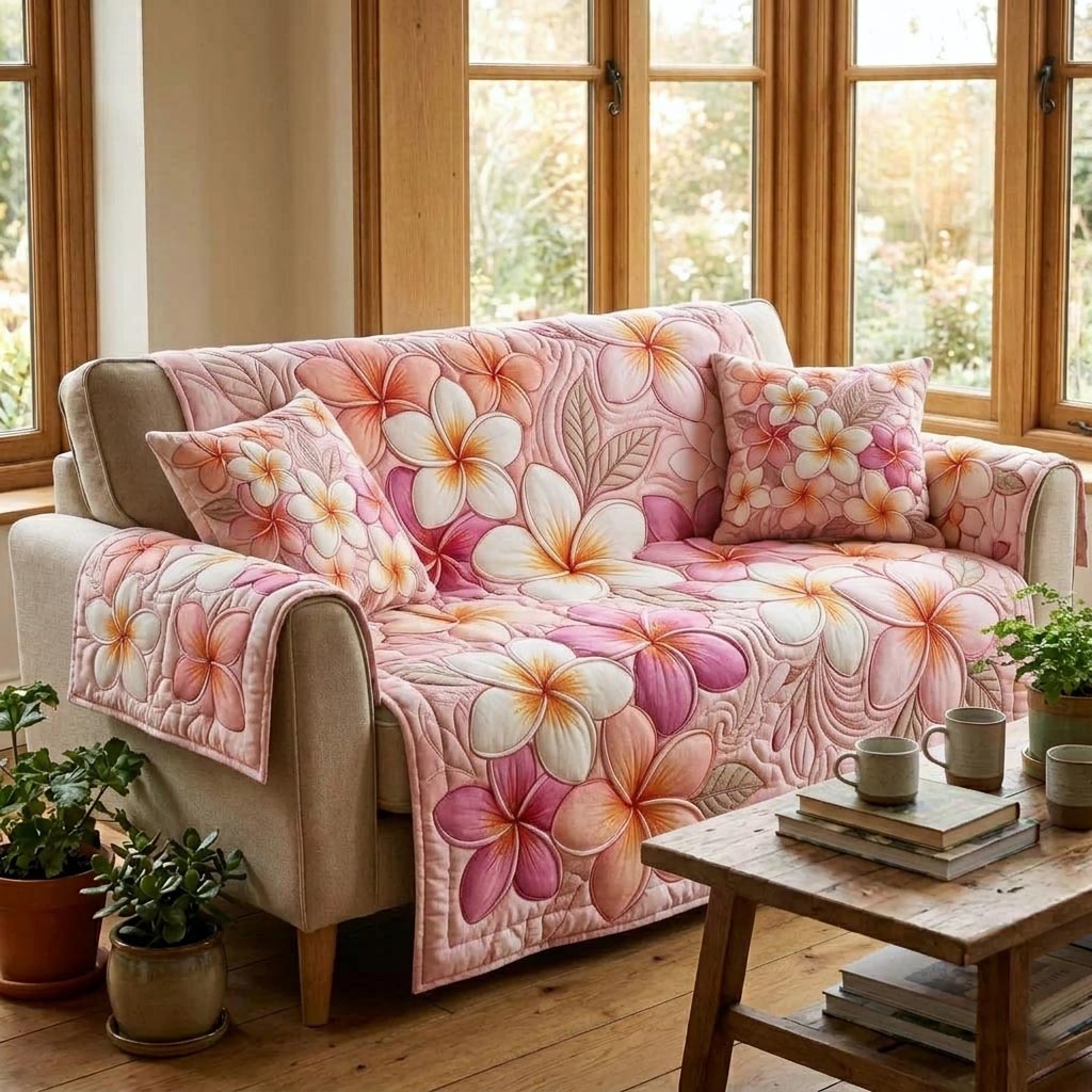 Island Plumeria Quilted Sofa Cover Coastal Home Couch Cover Gifts For Sun Lovers - Tradiviet