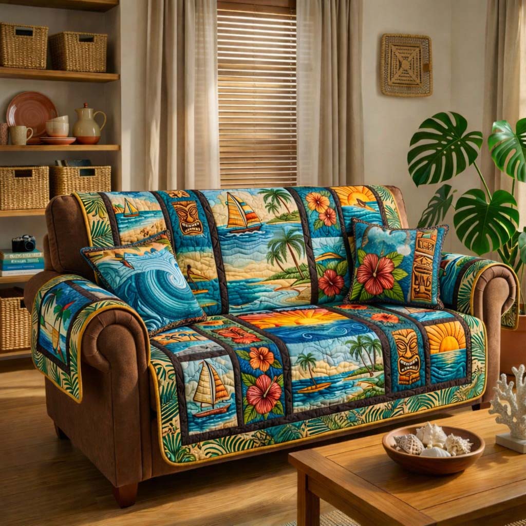 Island Spirit Quilted Sofa Cover Coastal Home Couch Cover Unique Housewarming Gift Ideas - Tradiviet