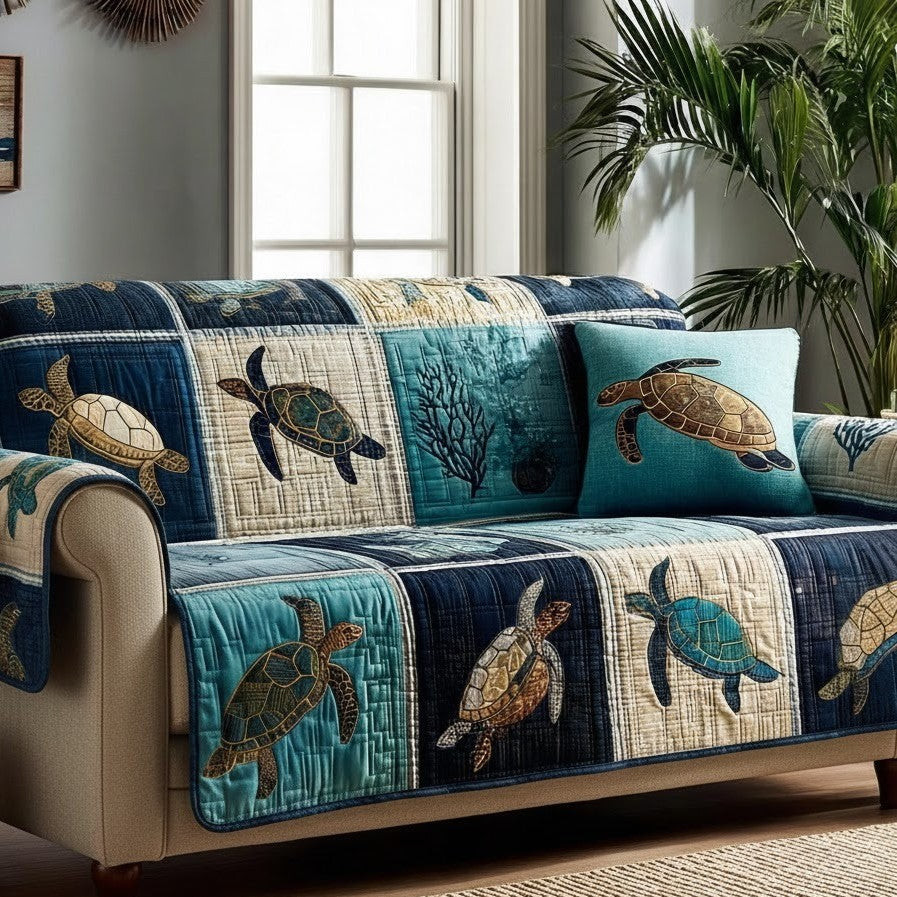 Island Turtle Quilted Sofa Cover Sofa Protector Cover Sea Turtle Gifts For Him - Tradiviet