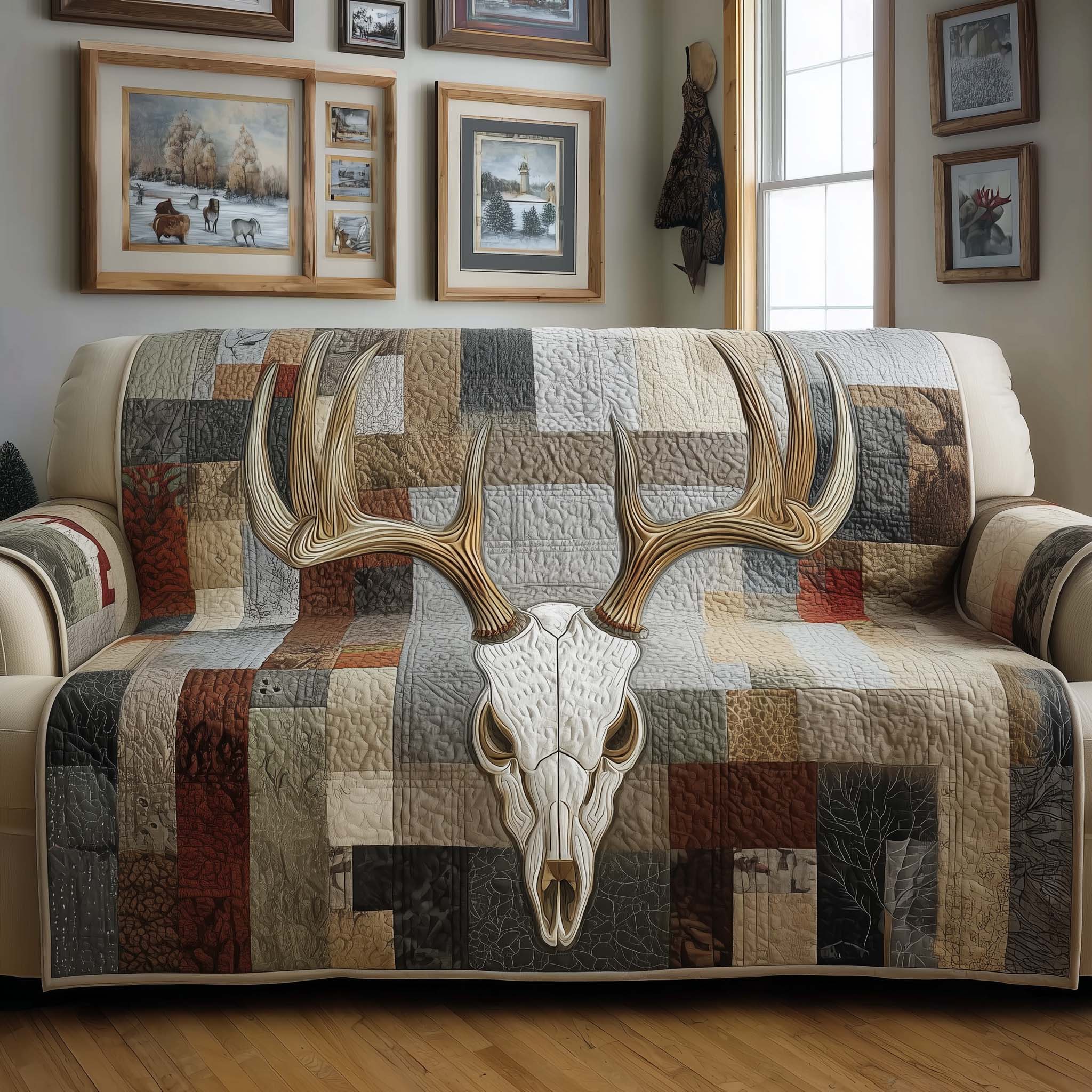 Ivory Antlers Quilted Sofa Cover Wildlife Home Couch Cover Gifts For Highland Cow Lovers - Tradiviet
