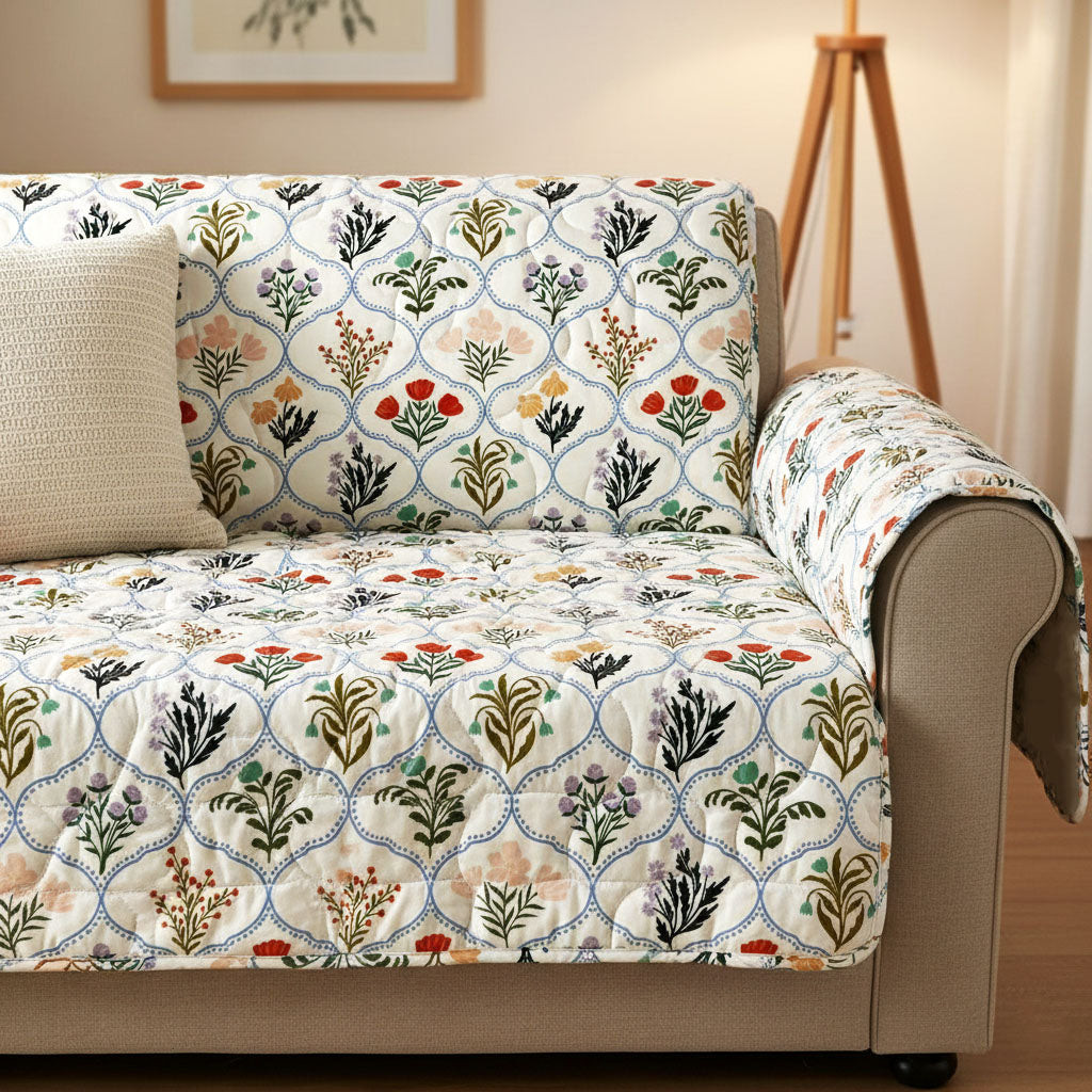 Ivory Botanica Quilted Sofa Cover Living Room Decor Ideas Mother's Day Gifts For Elderly - Tradiviet