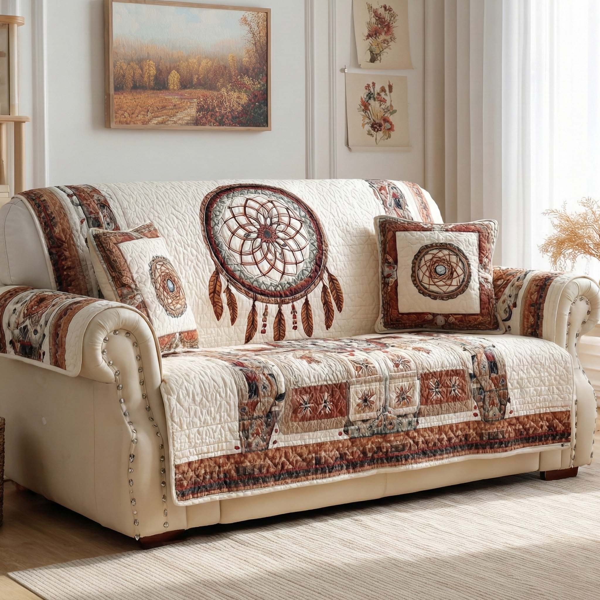 Ivory Dreamcatcher Quilted Sofa Cover Luxury Home Room Decor Best Housewarming Gift Ideas - Tradiviet