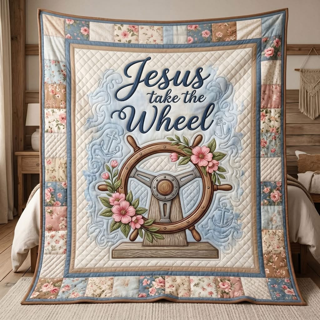 Jesus Take The Wheel Quilted Blanket Christian Faith Nautical Bedding Home Decor Gift Ideas - Tradiviet