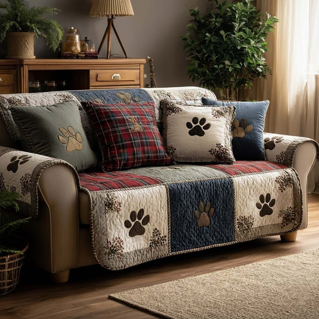 Jolly Paw Quilted Sofa Cover Cozy Patchwork Couch Cover Christmas Gifts For Pet Lovers - Tradiviet
