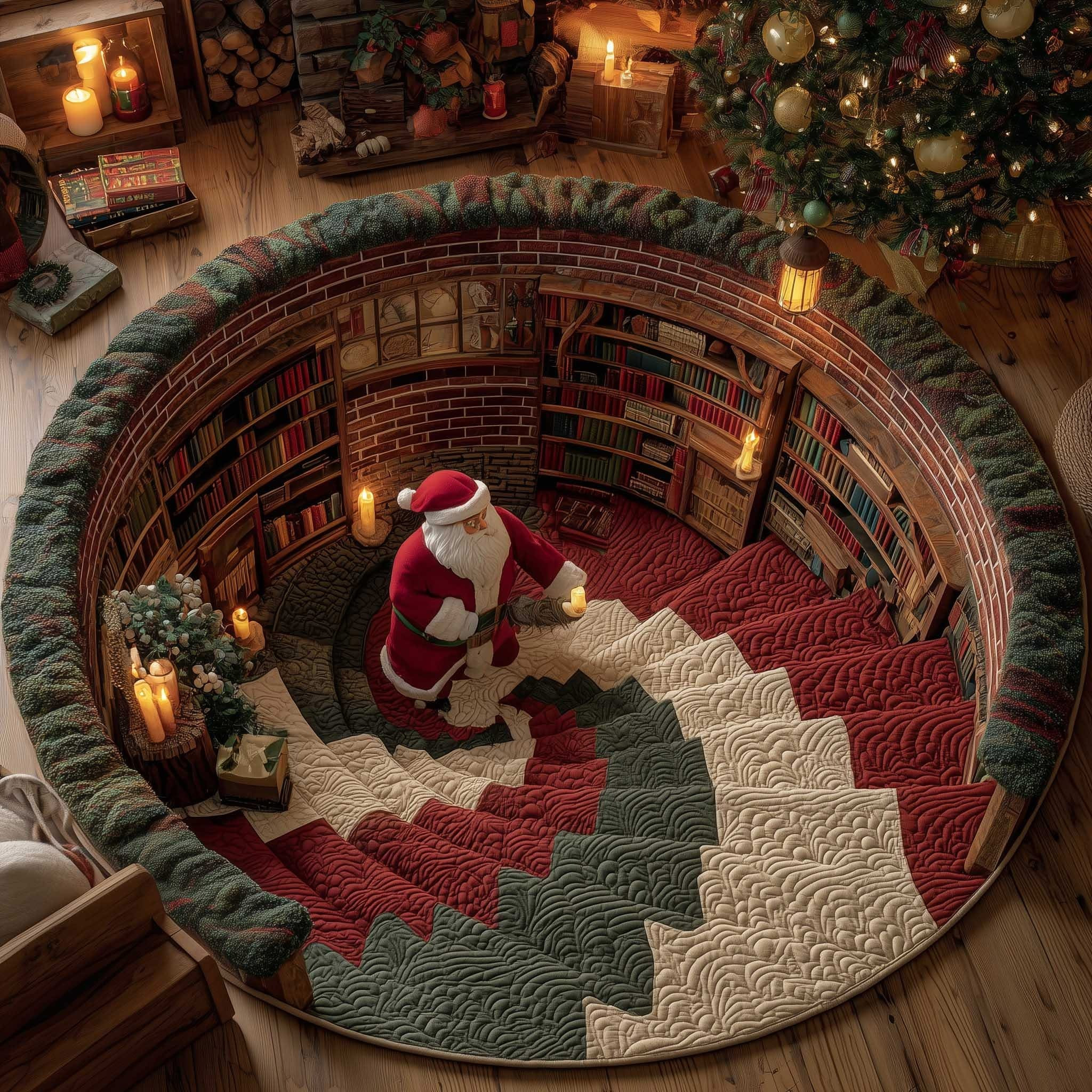 Jolly Santa Book Christmas Quilted Round Mat Decorations Christmas Gifts For Book Lovers - Tradiviet