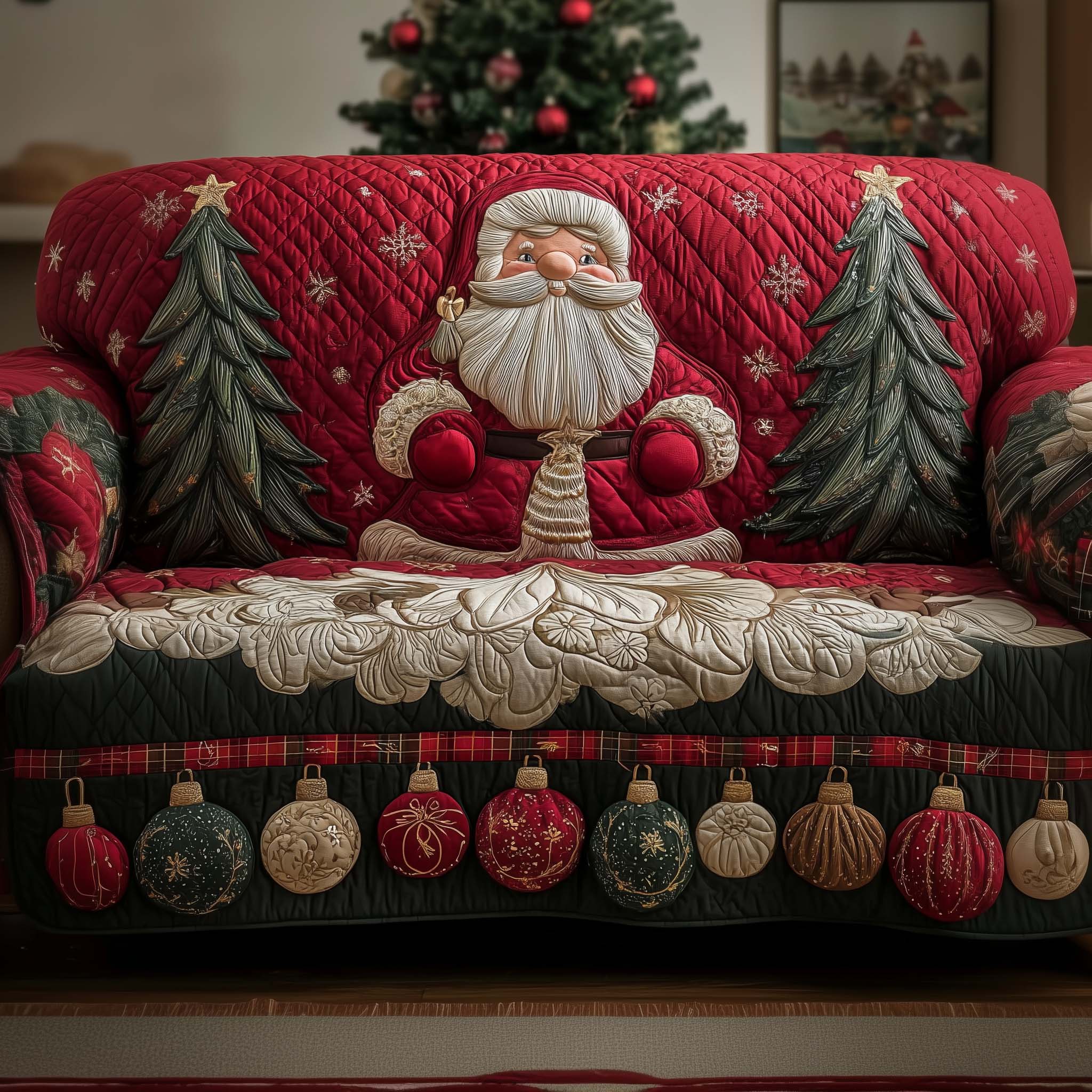 Jolly Santa Quilted Sofa Cover Christmas Home Couch Cover Best Housewarming Gift Ideas - Tradiviet