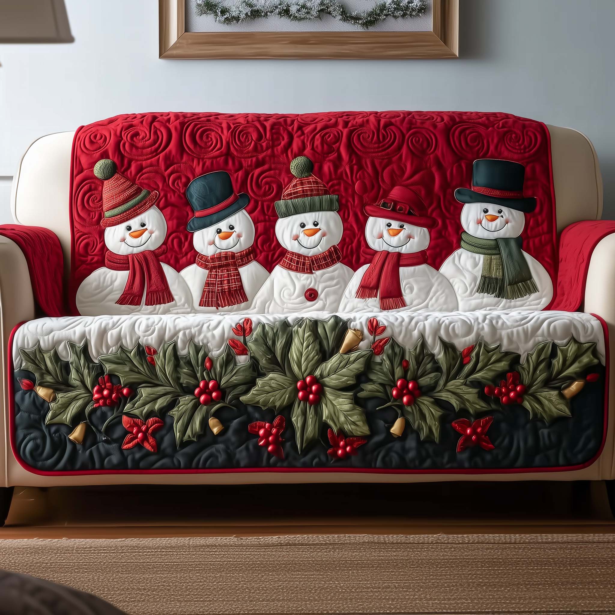 Jolly Snowman Quilted Sofa Cover Christmas Home Couch Cover Unique Home Decor Finds - Tradiviet
