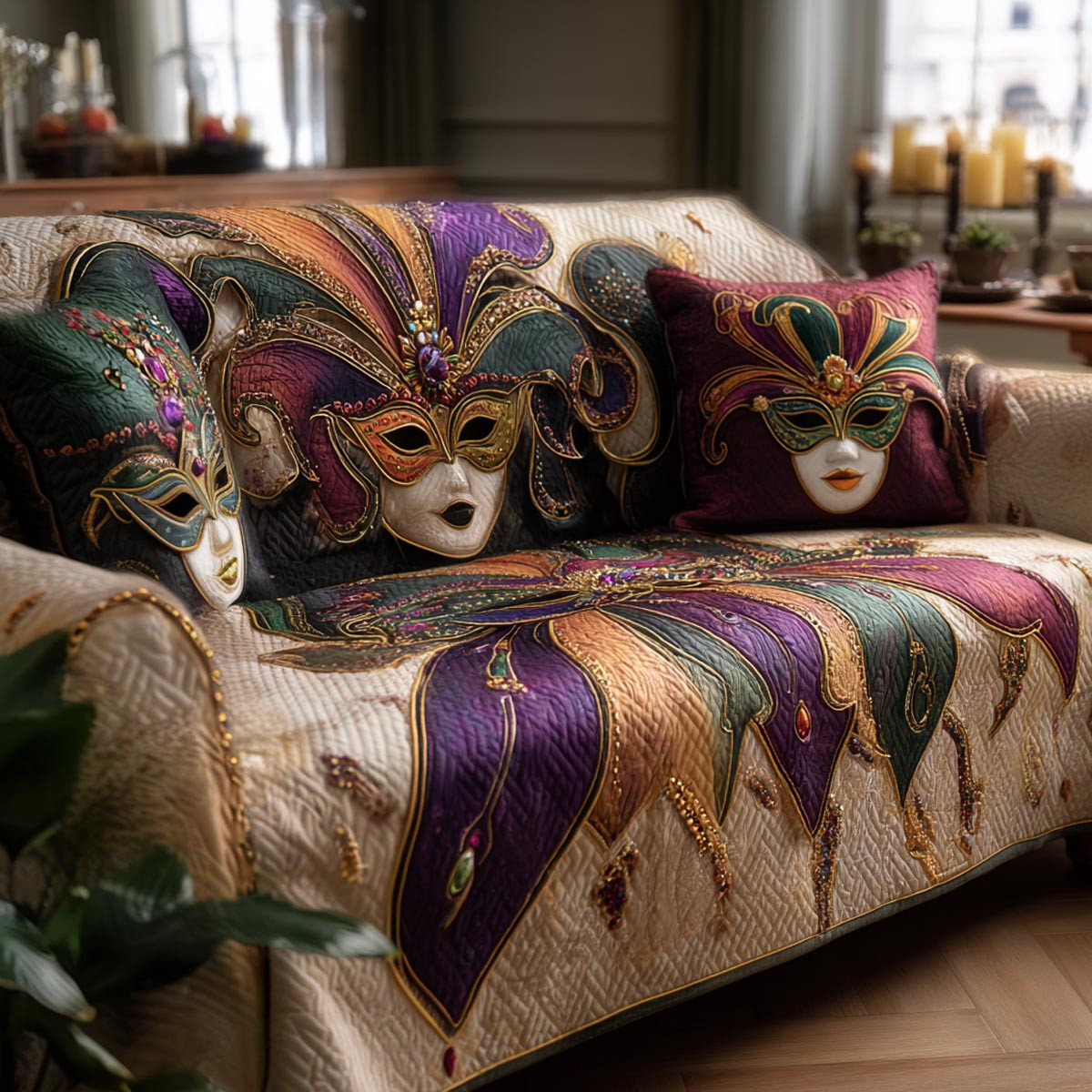 Joyful Season Quilted Sofa Cover Sofa Seat Protector Mardi Gras Gift Shop - Tradiviet