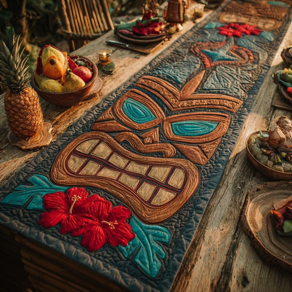 Jungle Tiki Quilted Table Runner Exotic Hawaiian Hibiscus Floral Merch Decor Gift - Tradiviet