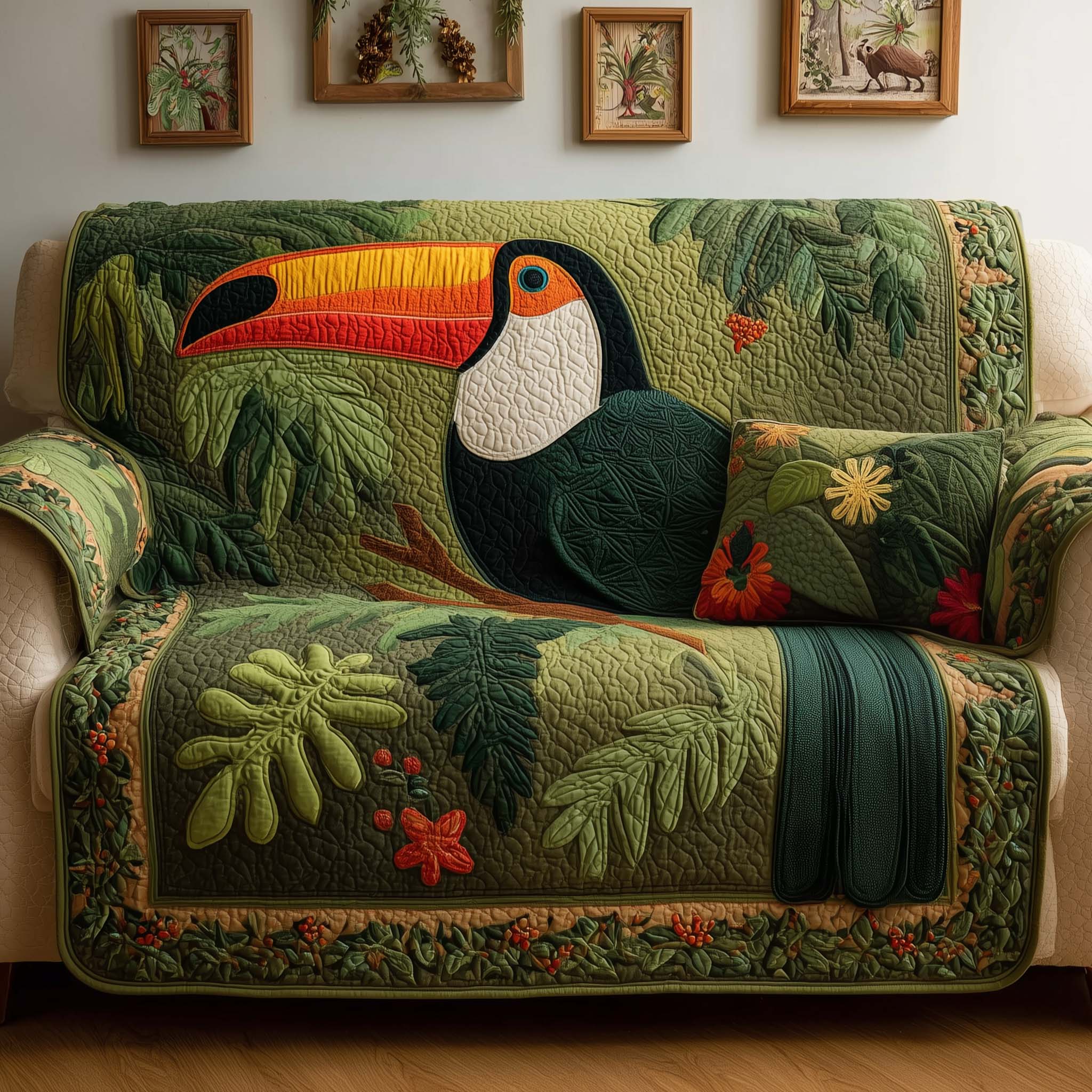 Jungle Toucan Quilted Sofa Cover Bird Home Couch Cover Cute Room Decor Gifts - Tradiviet
