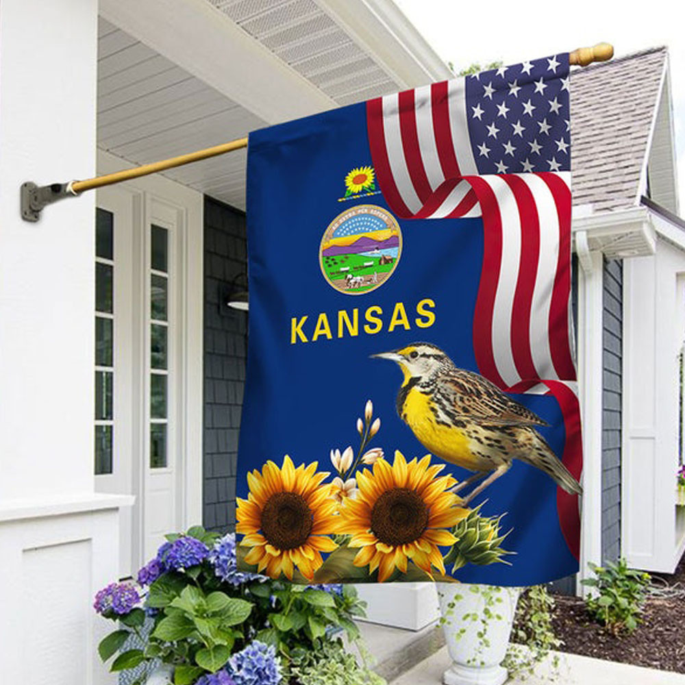 Kansas State Sunflower and Meadowlark Bird Flag MLN1141Fv5 3-Day Shipping - Tradiviet