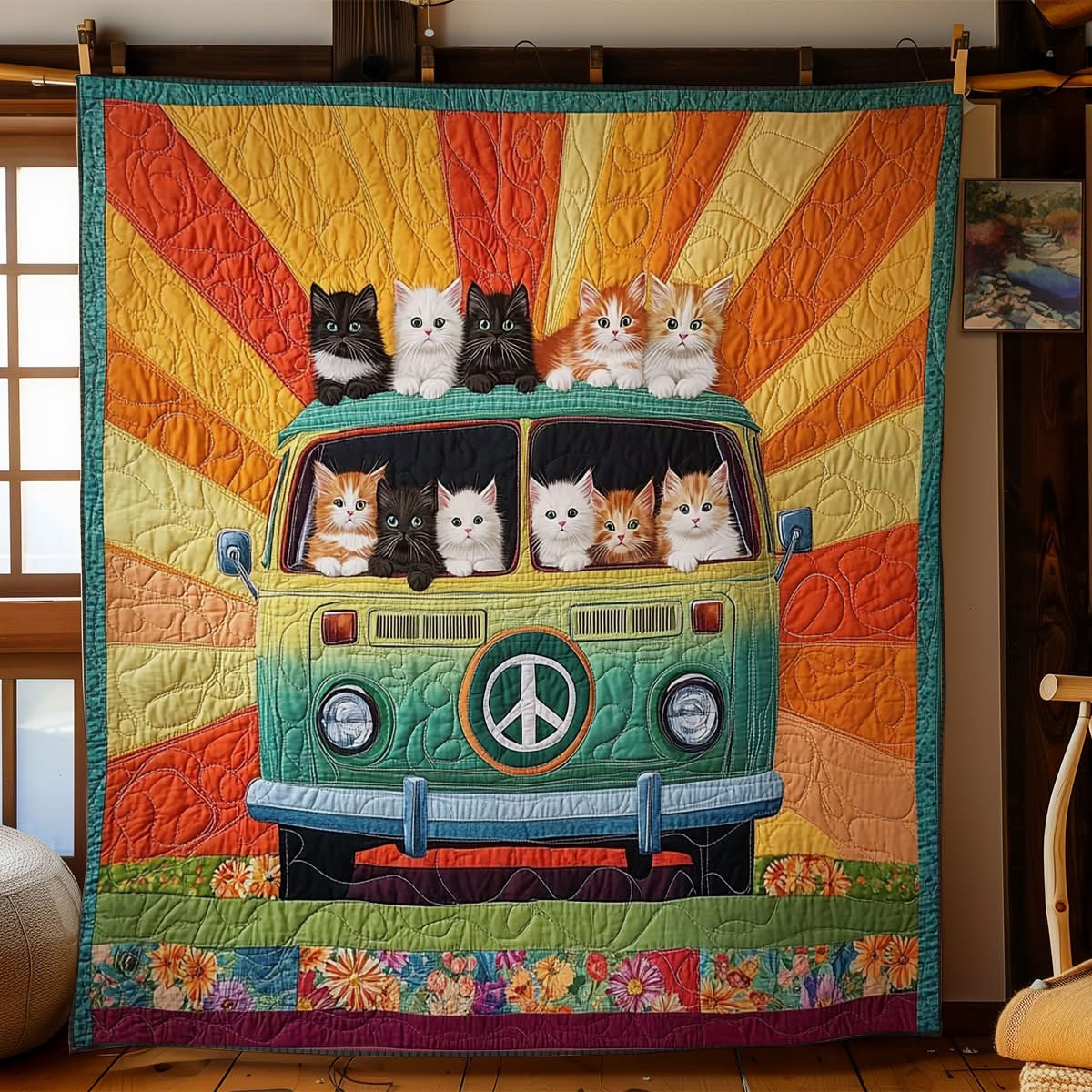 Kitten Hippie Camper Quilted Blanket Bedding Decor Gifts Idea For Kitten Lovers - Tradiviet