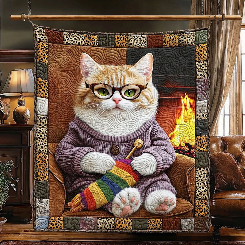 Knitting Cat Quilted Blanket Whimsical Room Decor Cute Gifts Idea For Grandma - Tradiviet