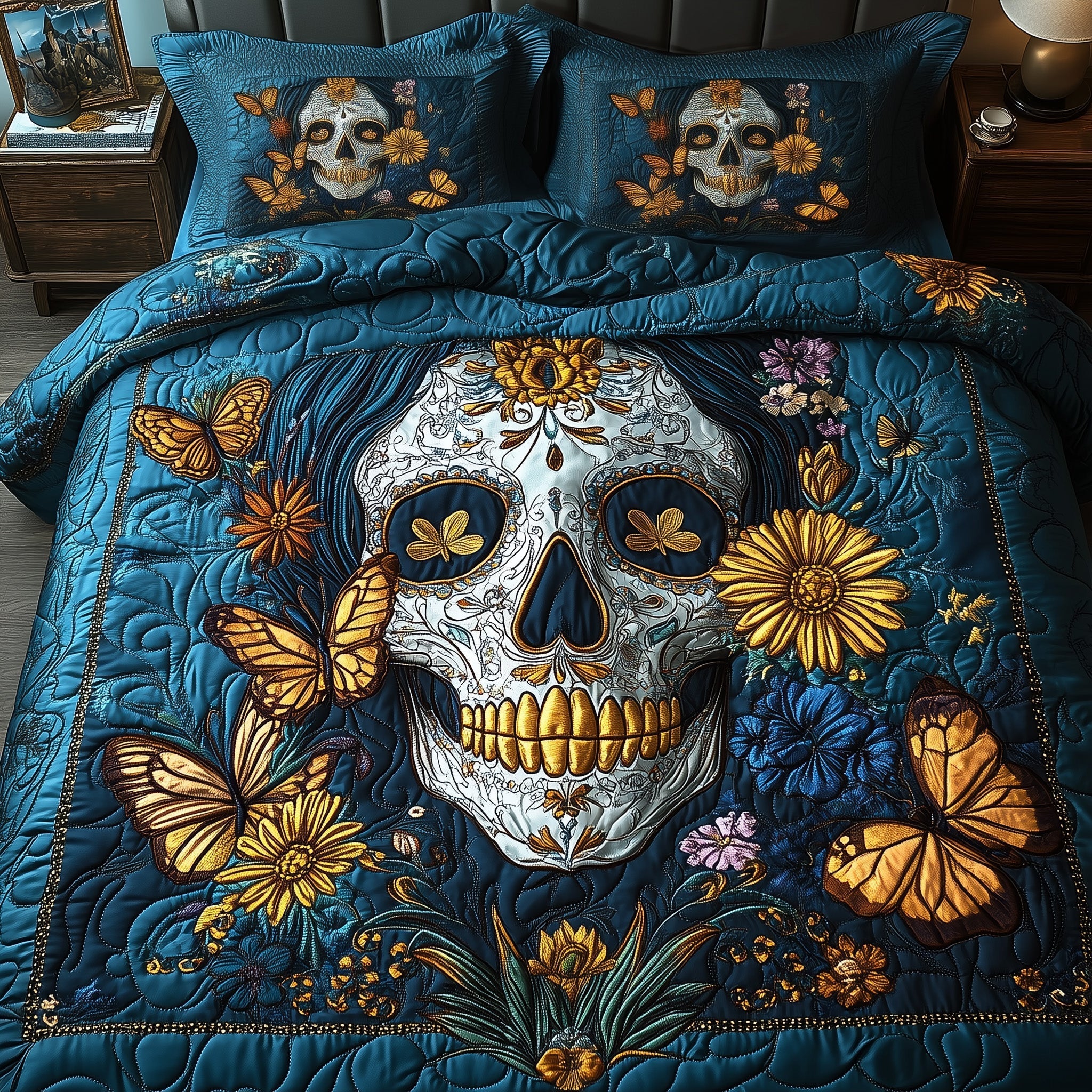 Lady Skull Quilted Bedding Set Lady Skull Sunrise Gift For Lady Lovers - Tradiviet
