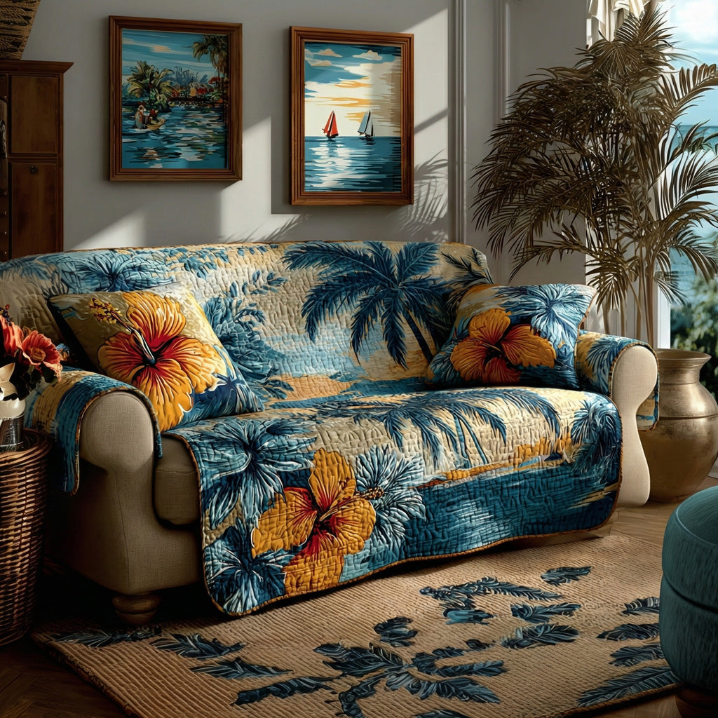 Lagoon Blossoms Quilted Sofa Cover Neutral Room Decor Presents For New Home - Tradiviet