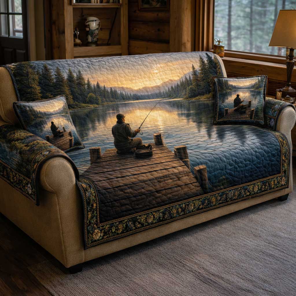 Lake Angler Quilted Sofa Cover Lakeside Home Couch Cover Cool Room Decor Gifts - Tradiviet