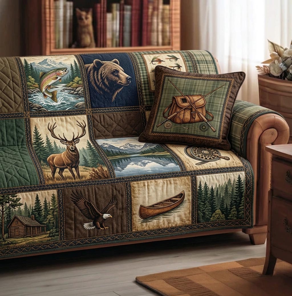 Lake Angler Quilted Sofa Cover Lakeside Home Couch Cover Gift For Living Room - Tradiviet