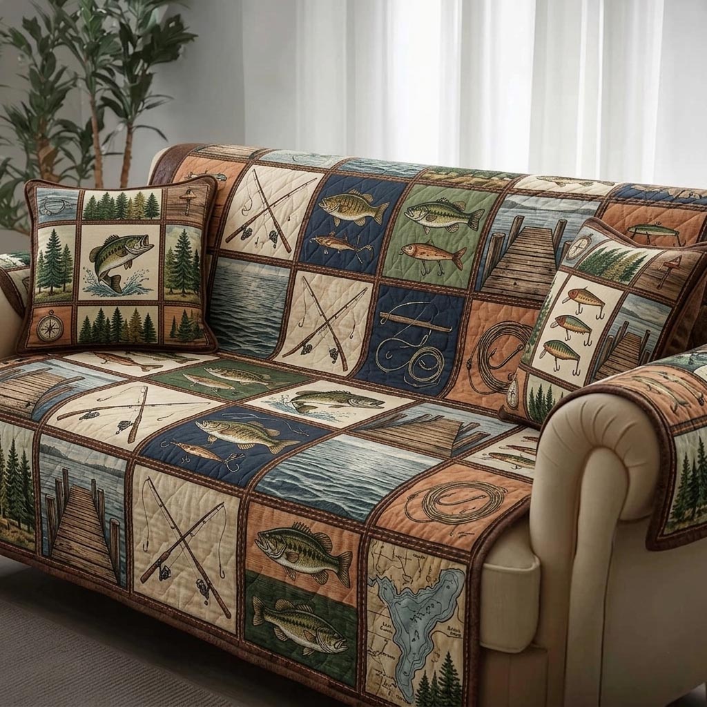 Lake Angler Quilted Sofa Cover Lakeside Home Couch Cover Present For Home Lovers - Tradiviet