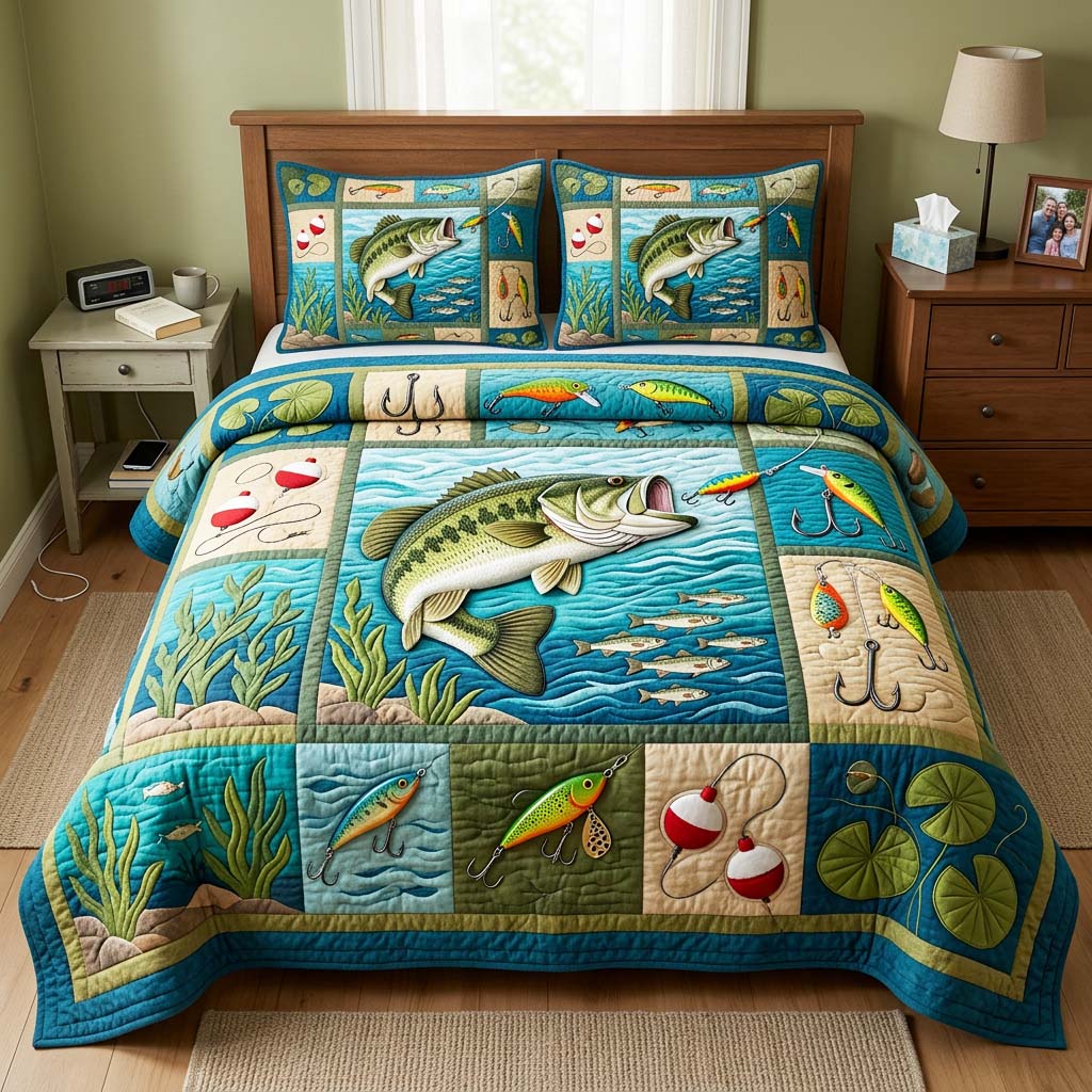 Lake Bass Fishing Quilted Bedding Set Lake Bass Island Gift For Bass - Tradiviet