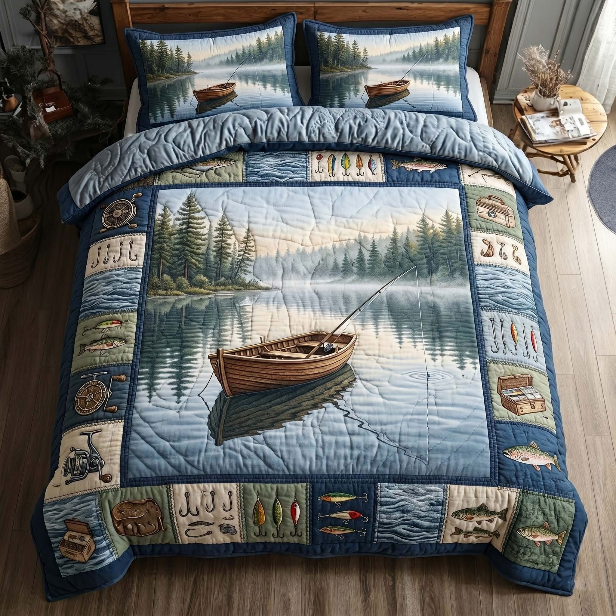 Lake Boat Drift Quilted Bedding Set Scenic Nature Landscape Duvet Cover Bedroom Decor Gift - Tradiviet