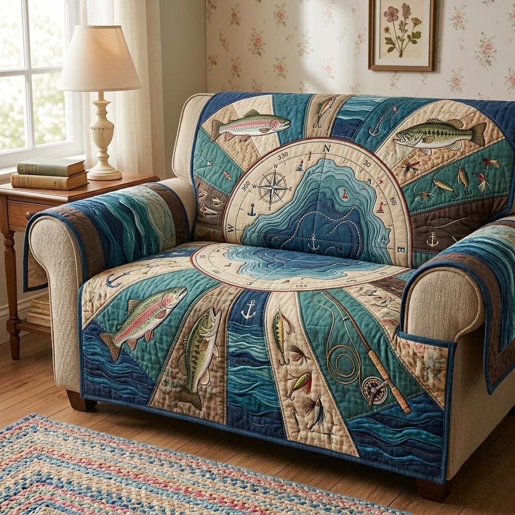 Lake Map Explorer Quilted Sofa Cover Lakeside Home Couch Cover Trendy Room Decor Gifts - Tradiviet