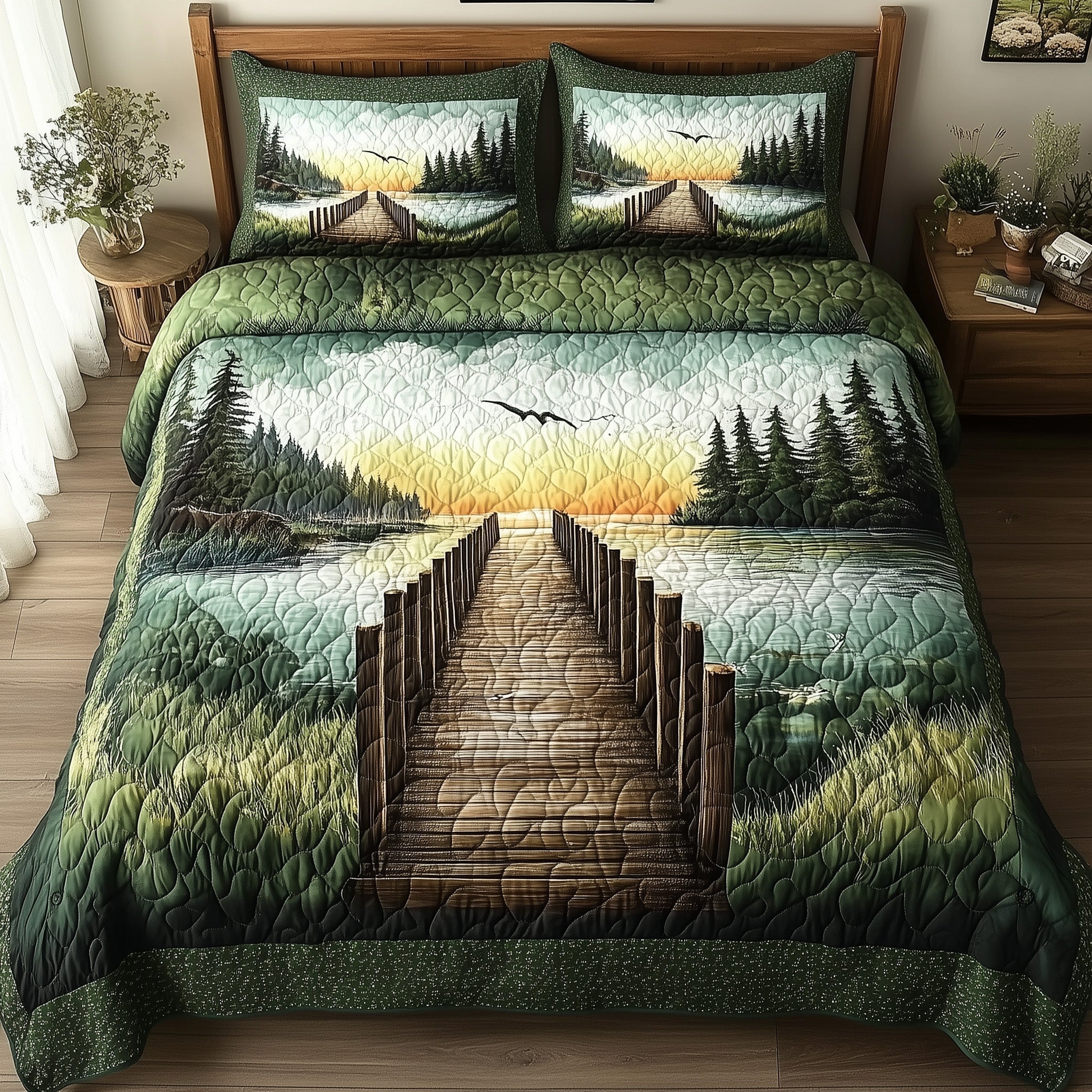 Lake Wooden Dock Quilted Bedding Set Lake Wooden Legacy Gift For Wooden - Tradiviet