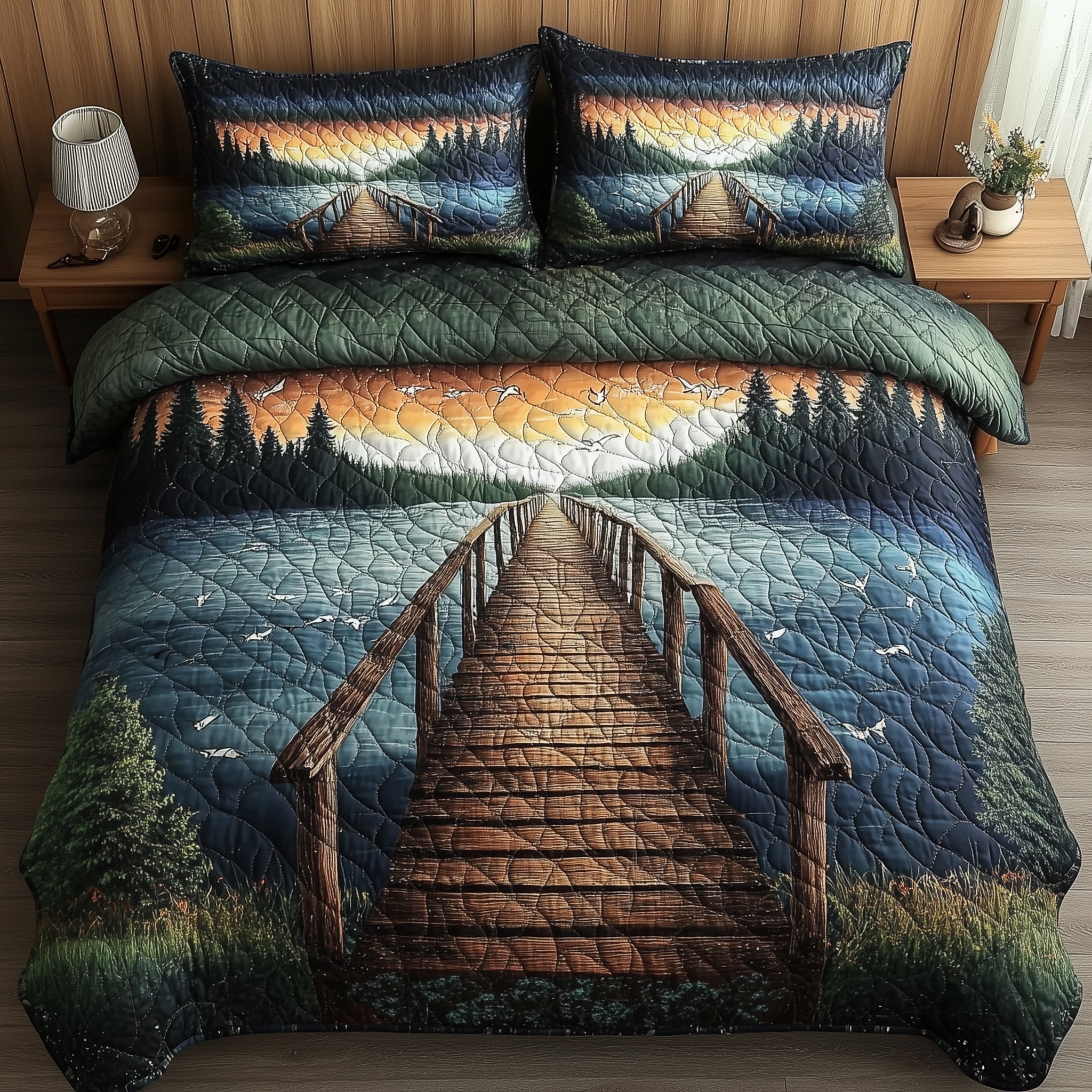 Lake Wooden Dock Quilted Bedding Set Lake Wooden Serenity Gift For Lake Wooden - Tradiviet